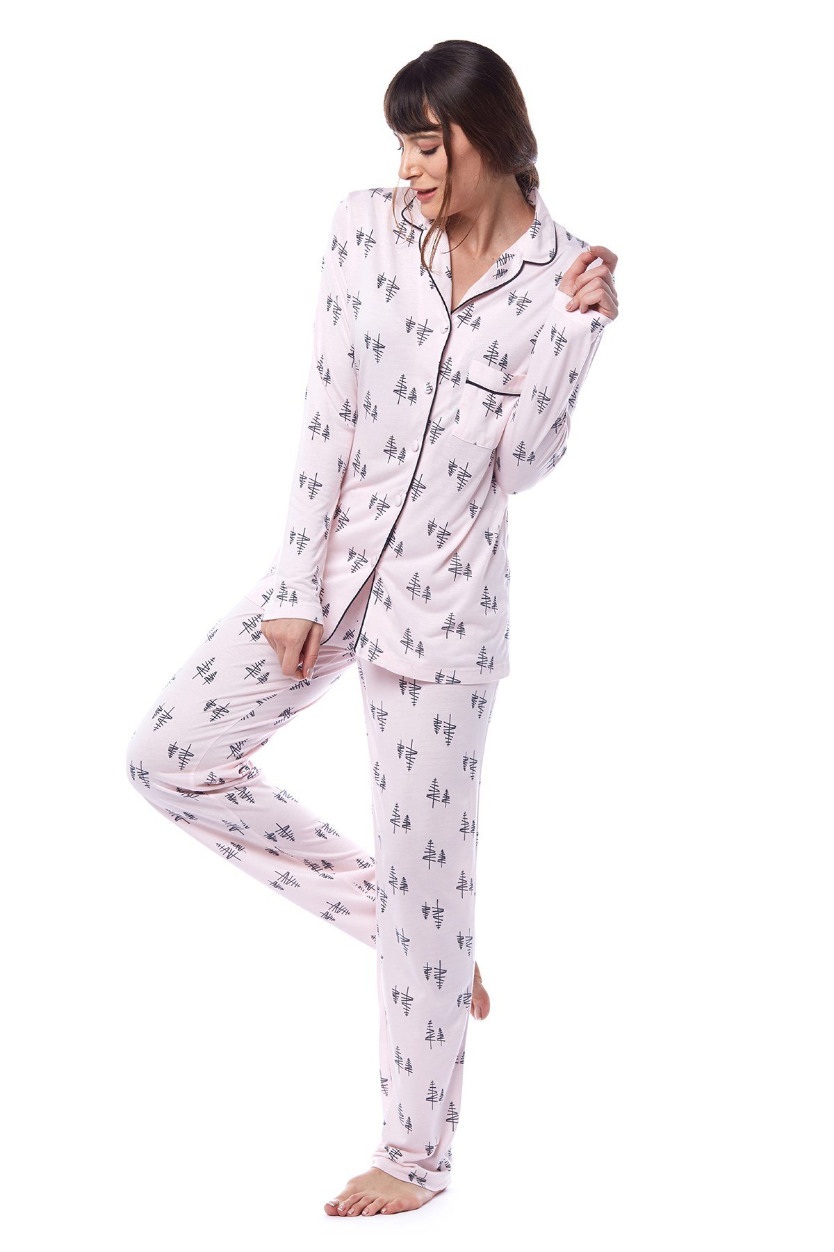 Kadın Çam Ağaç Desenli Gömlek Pijama Takımı
