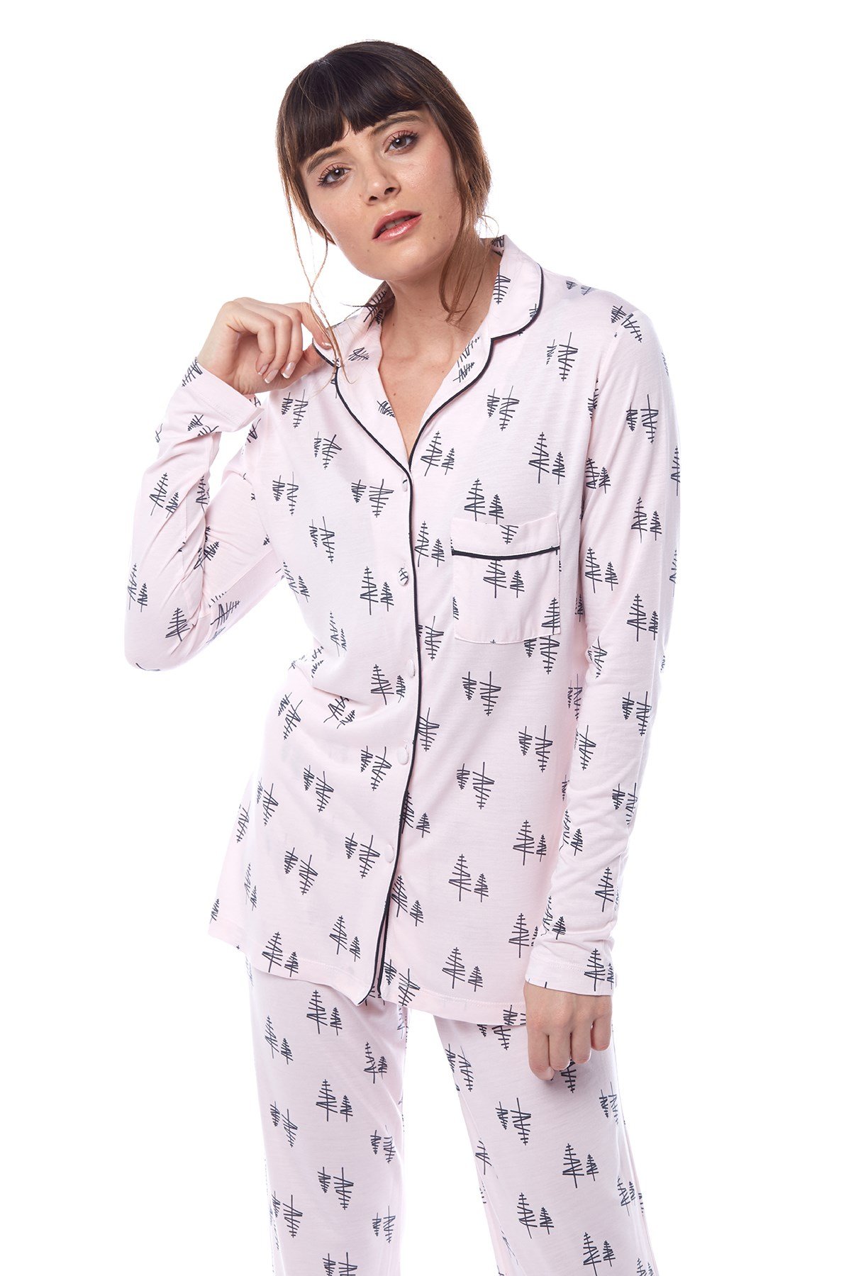 Kadın Çam Ağaç Desenli Gömlek Pijama Takımı