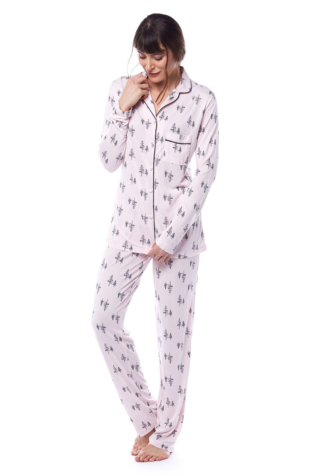 Kadın Çam Ağaç Desenli Gömlek Pijama Takımı