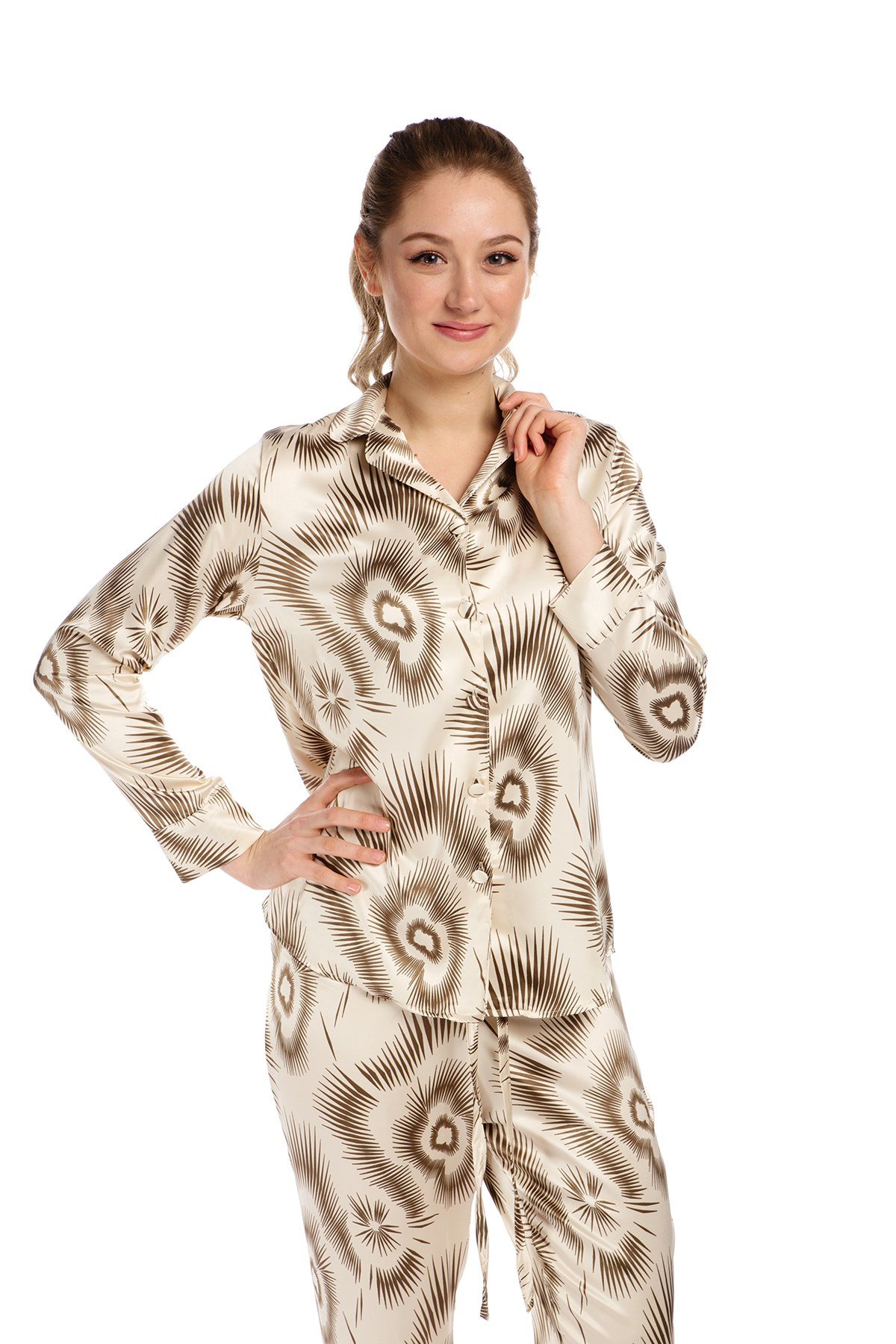 Kadın Ekru Kahve Saten Önden Düğmeli Pijama Takımı