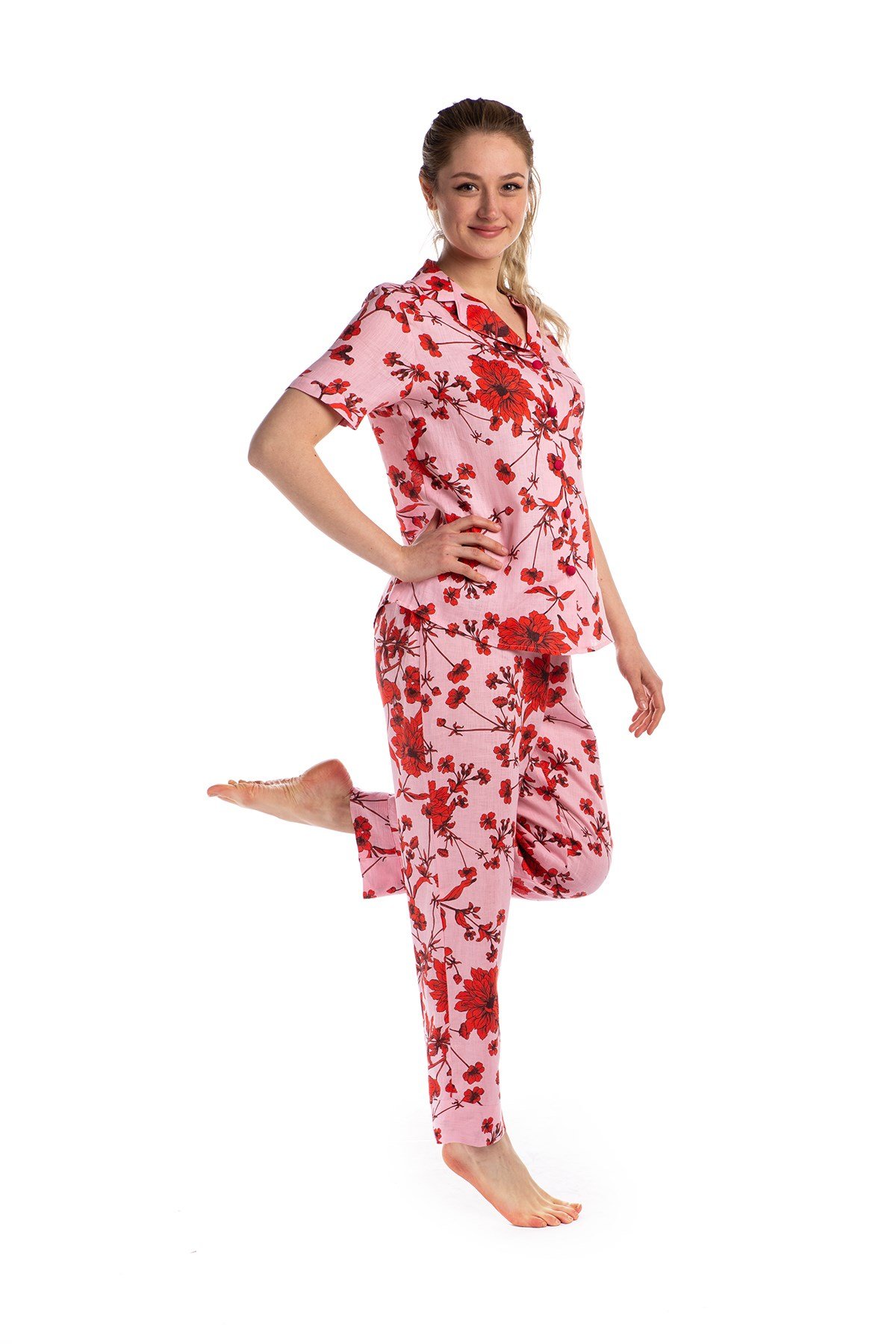 Kadın Keten Somon Düğmeli Pijama Takımı