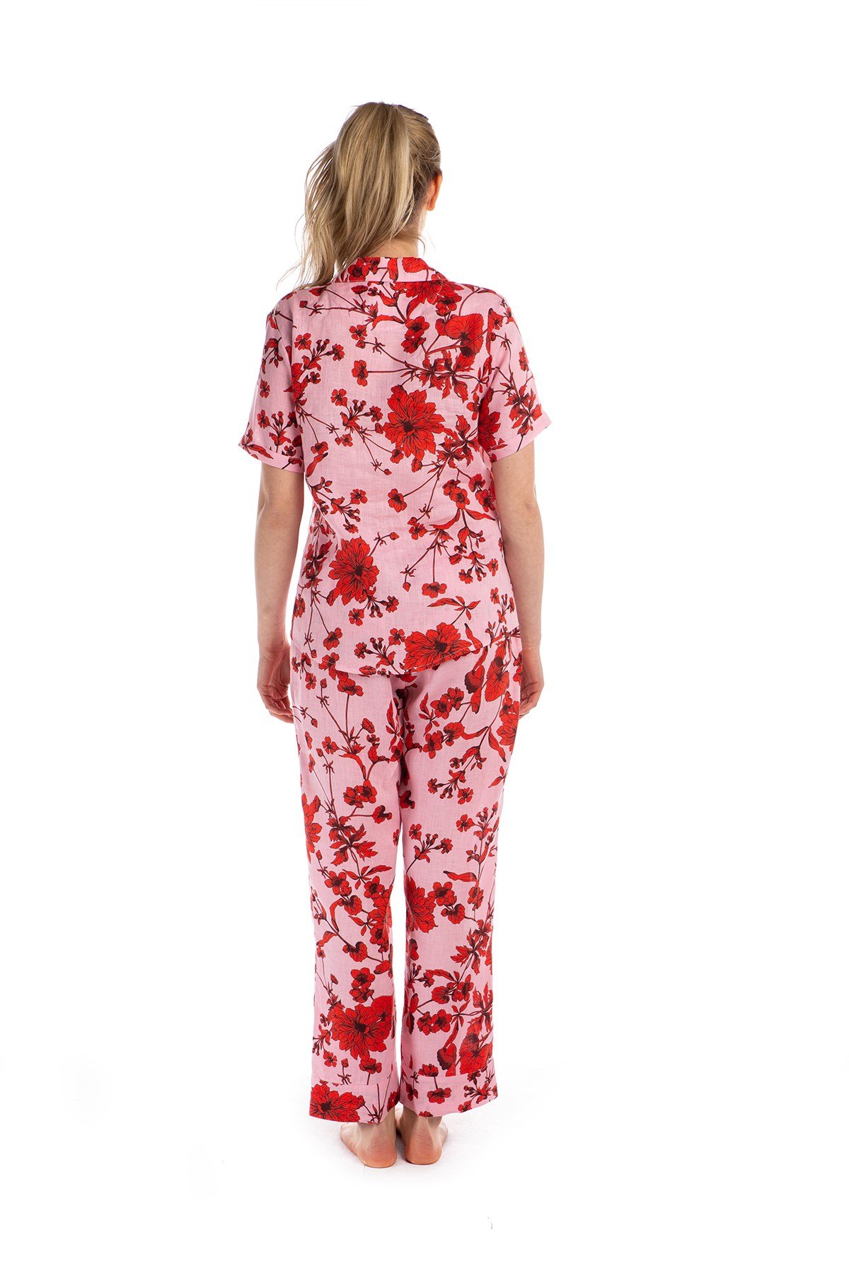 Kadın Keten Somon Düğmeli Pijama Takımı
