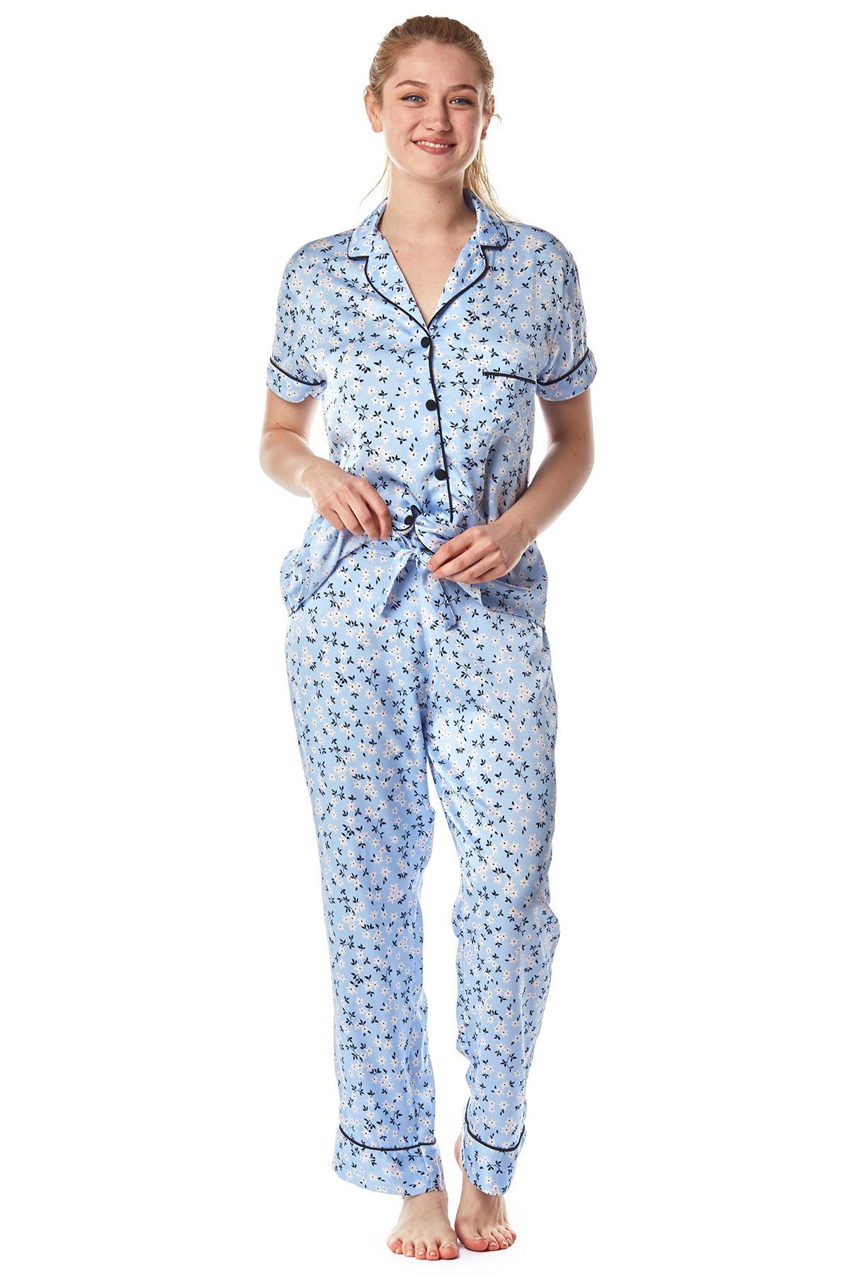 Kadın Mavi Çiçekli Biyeli Gömlek Pijama Takımı