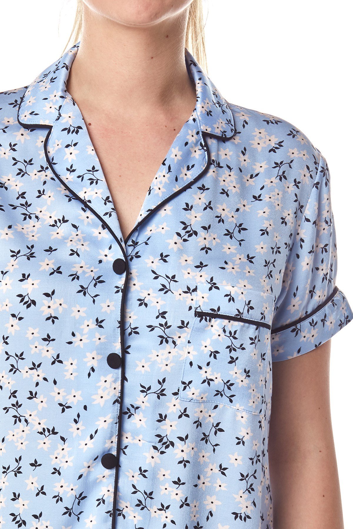 Kadın Mavi Çiçekli Biyeli Gömlek Pijama Takımı