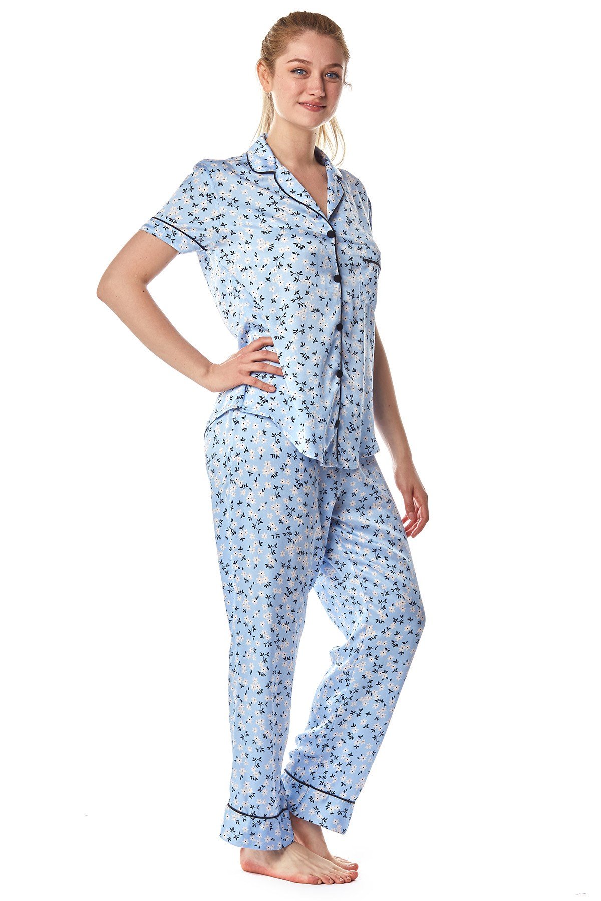 Kadın Mavi Çiçekli Biyeli Gömlek Pijama Takımı