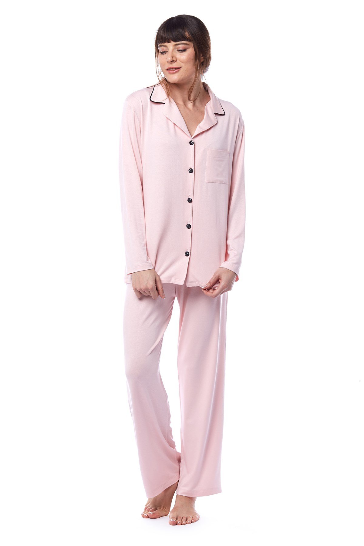 Kadın Pembe Gömlek Pijama Takımı