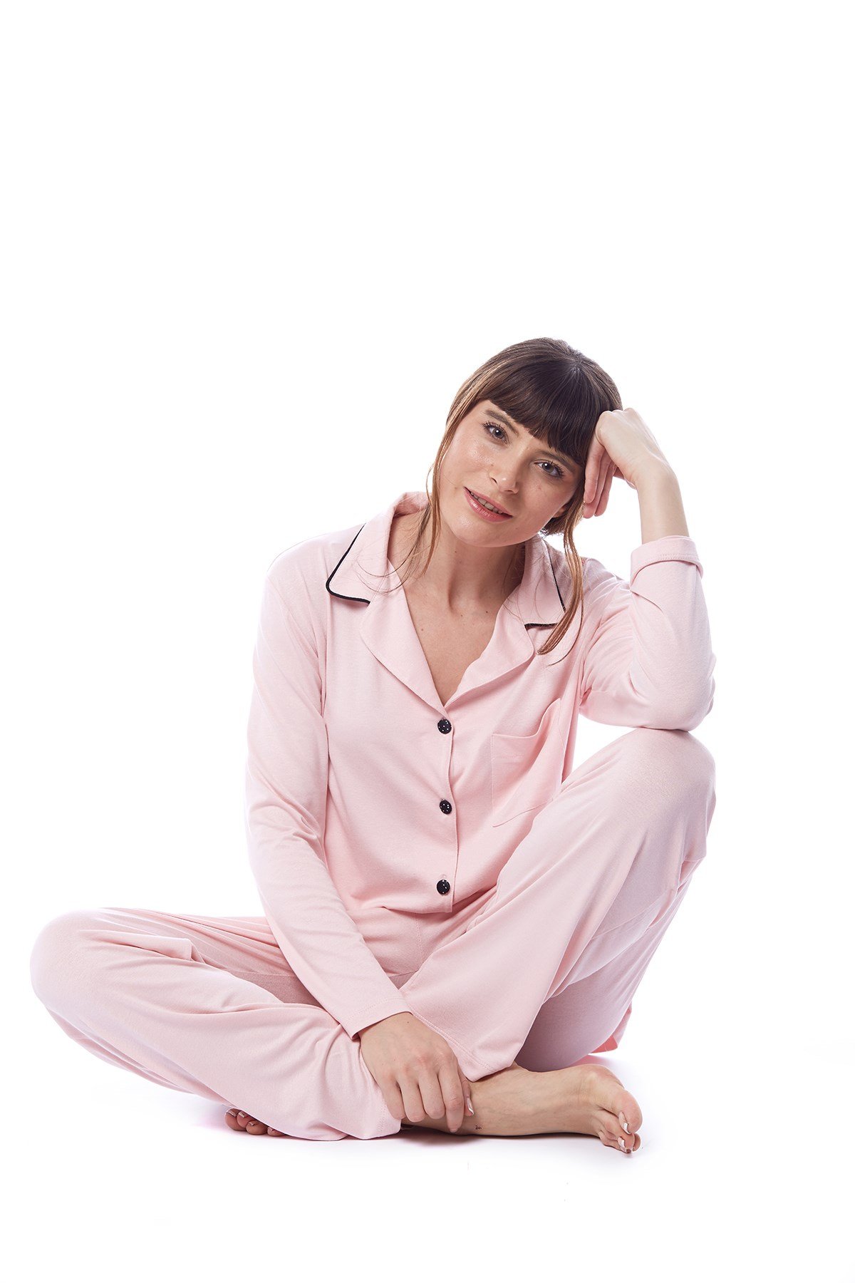 Kadın Pembe Gömlek Pijama Takımı