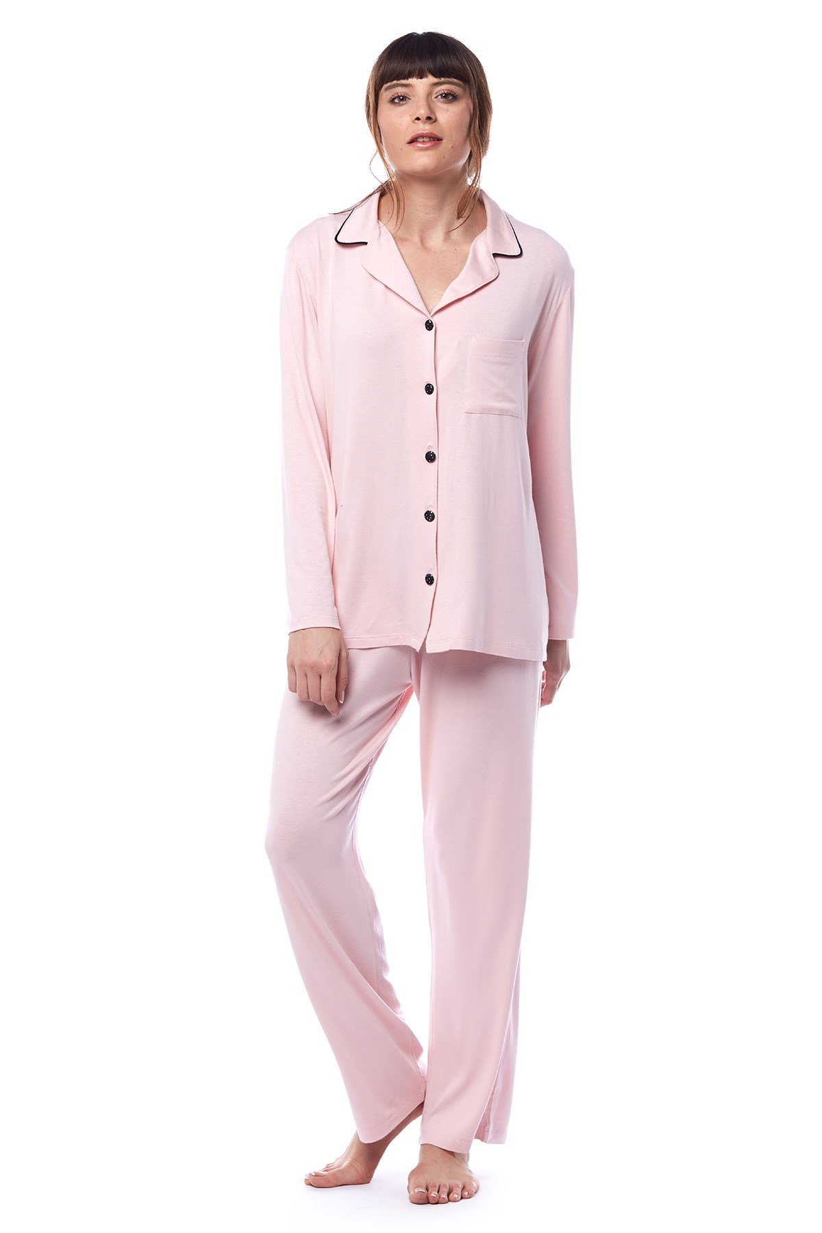 Kadın Pembe Gömlek Pijama Takımı