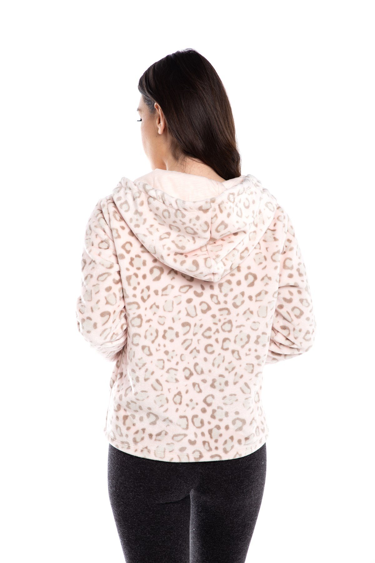Leopar Desen Pembe Polar Kapşonlu Bayan Mont