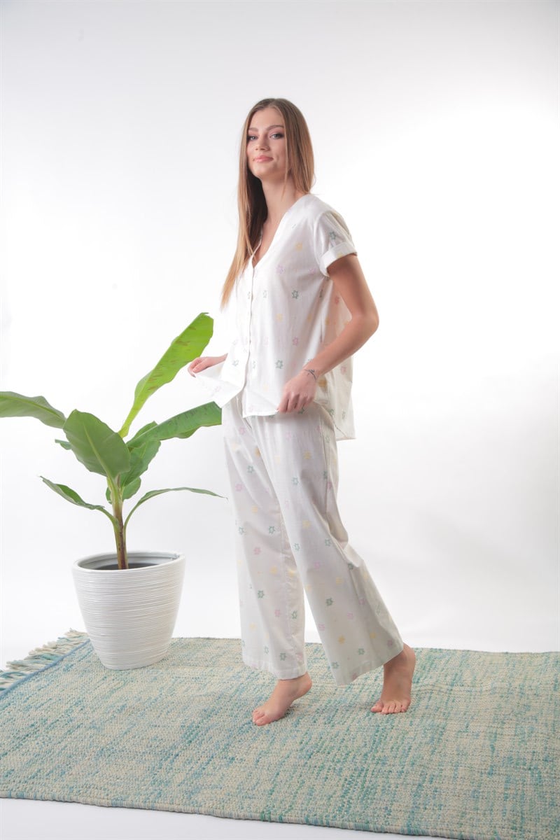 Lila Naskışlı Düğmeli Pamuklu Pijama Takımı