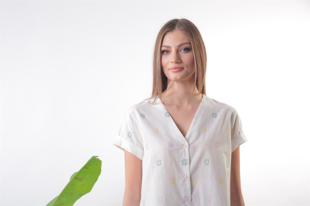 Lila Naskışlı Düğmeli Pamuklu Pijama Takımı