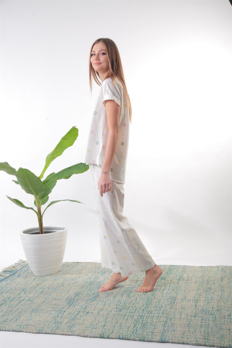 Lila Naskışlı Düğmeli Pamuklu Pijama Takımı