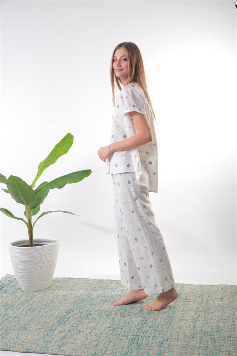 Mavi Naskışlı Düğmeli Pamuklu Pijama Takımı