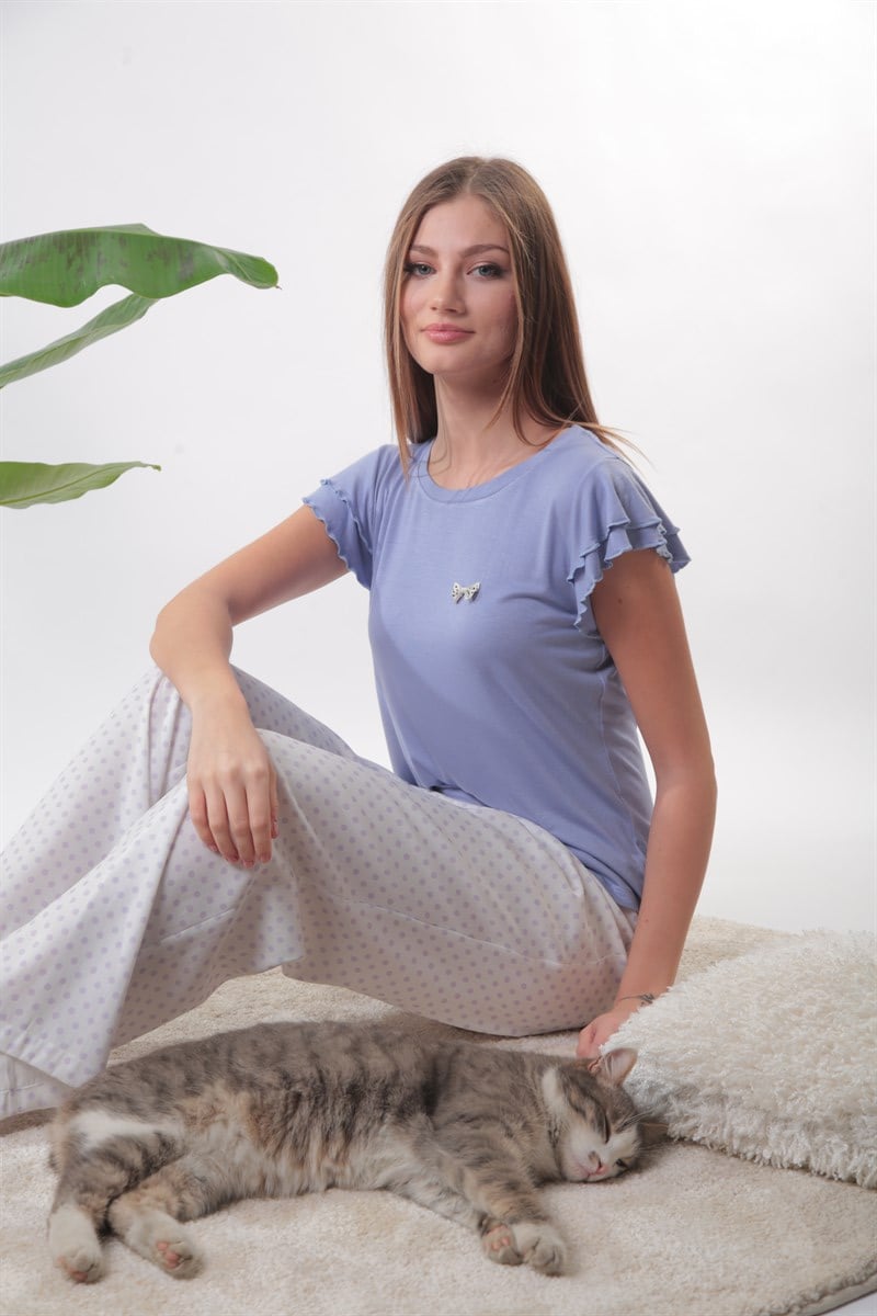 Puantiyeli Bol Pantolonlu Leylak Pijama Takımı