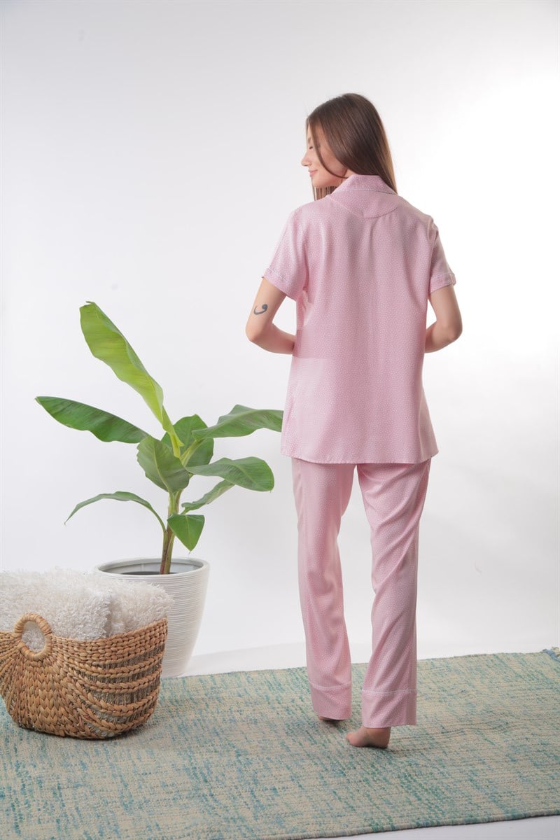 Sutaşı Biyeli Düğmeli Pembe Pijama Takımı