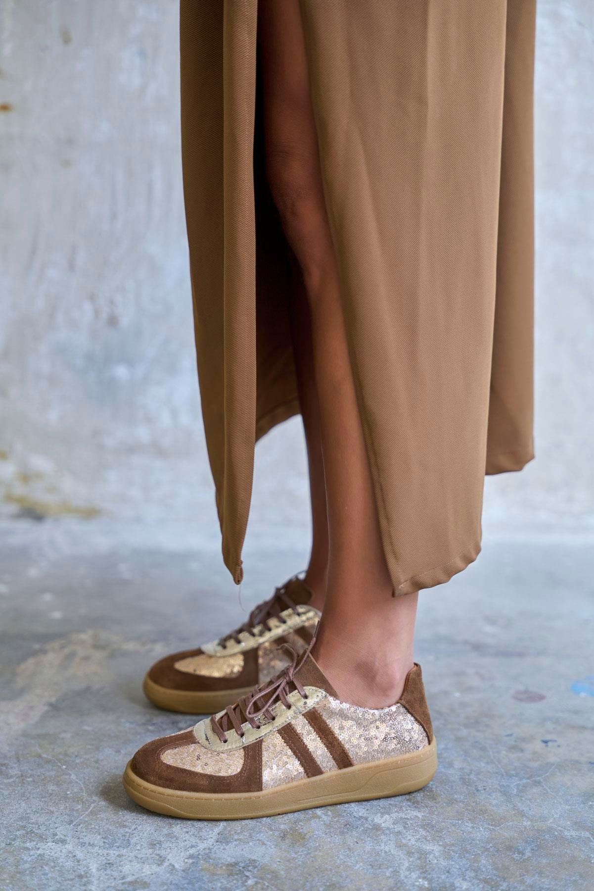 EVAN KAHVE GOLD PULLU SPOR AYAKKABI