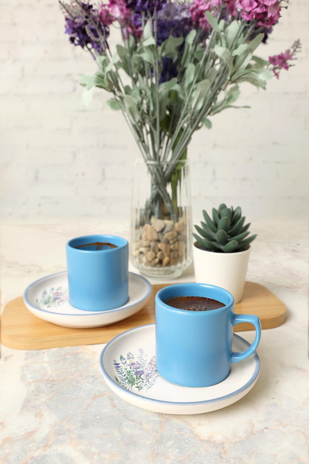 Elegant Blossoms Mavi Kahve Takımı 4 Parça 2 Kişilik 21789