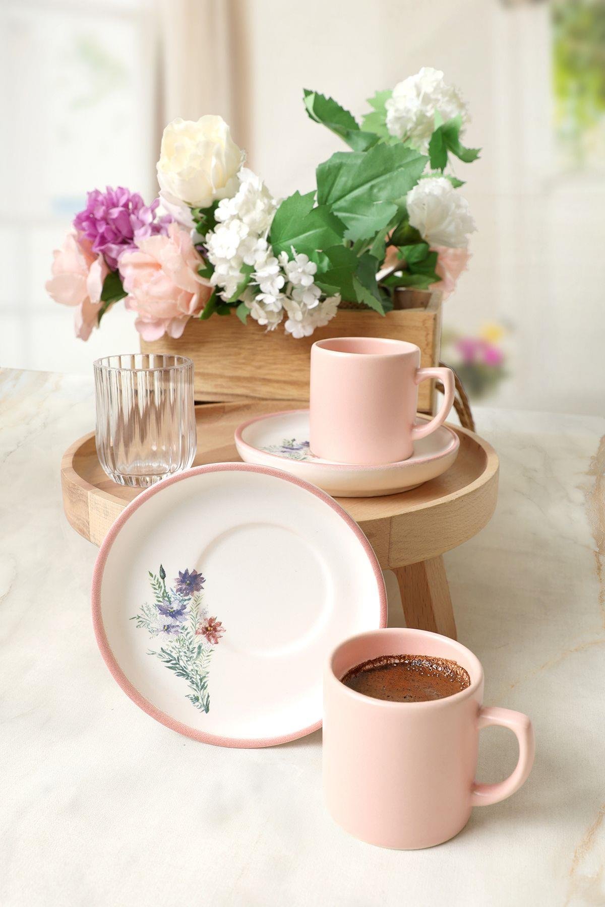 Keramika Elegant Blossoms Pembe Kahve Takımı 4 Parça 2 Kişilik 21793