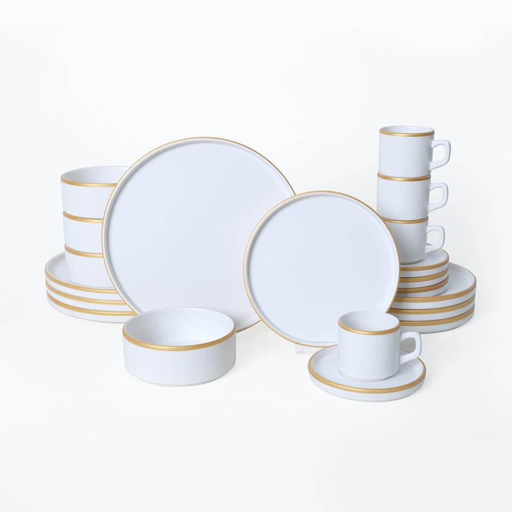 Mat Beyaz Gold Fileli Stackable Yemek / Kahvaltı Takımı 20 Parça 4 Kişilik