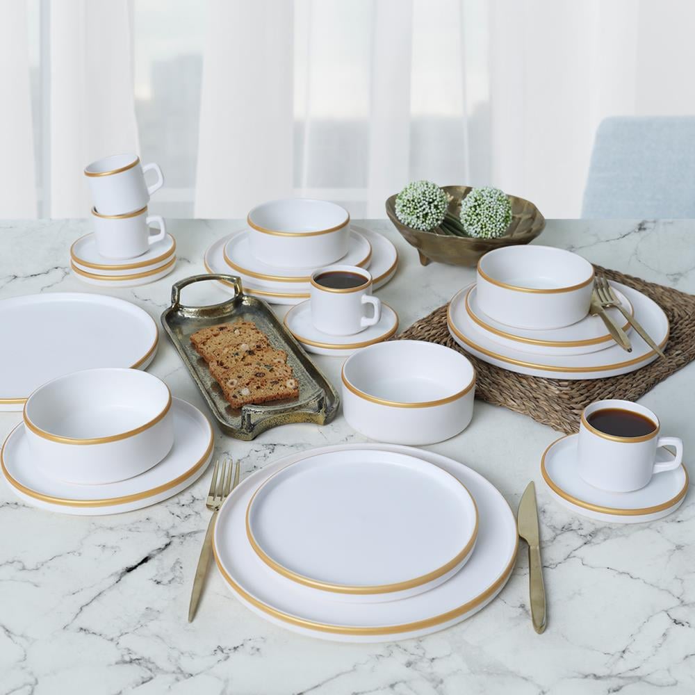 Mat Beyaz Gold Fileli Stackable Yemek / Kahvaltı Takımı 20 Parça 4 Kişilik