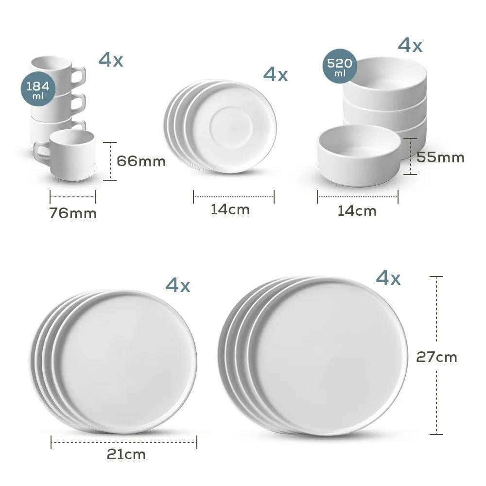 Mat Beyaz Gold Fileli Stackable Yemek / Kahvaltı Takımı 20 Parça 4 Kişilik