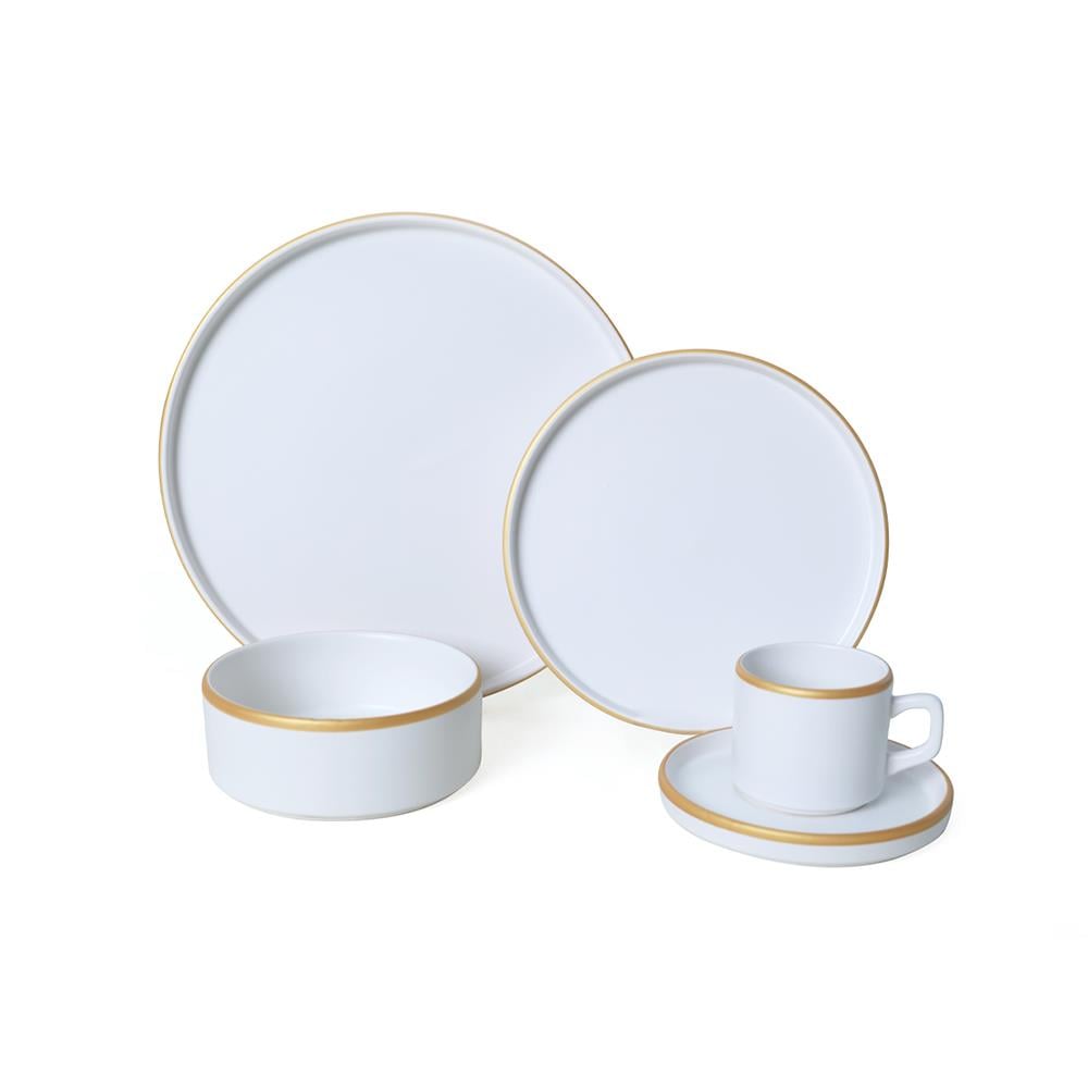 Mat Beyaz Gold Fileli Stackable Yemek / Kahvaltı Takımı 20 Parça 4 Kişilik