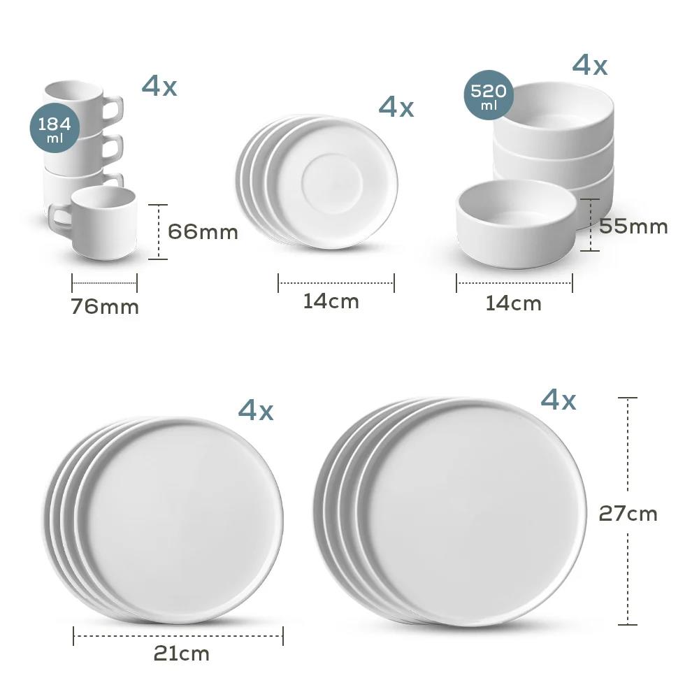 Mat Beyaz Stackable Yemek/Kahvaltı Takımı 20 Parça 4 Kişilik