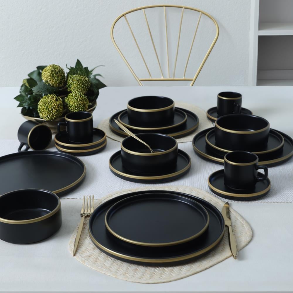 Mat Siyah Gold Fileli Stackable Yemek / Kahvaltı Takımı 20 Parça 4 Kişilik