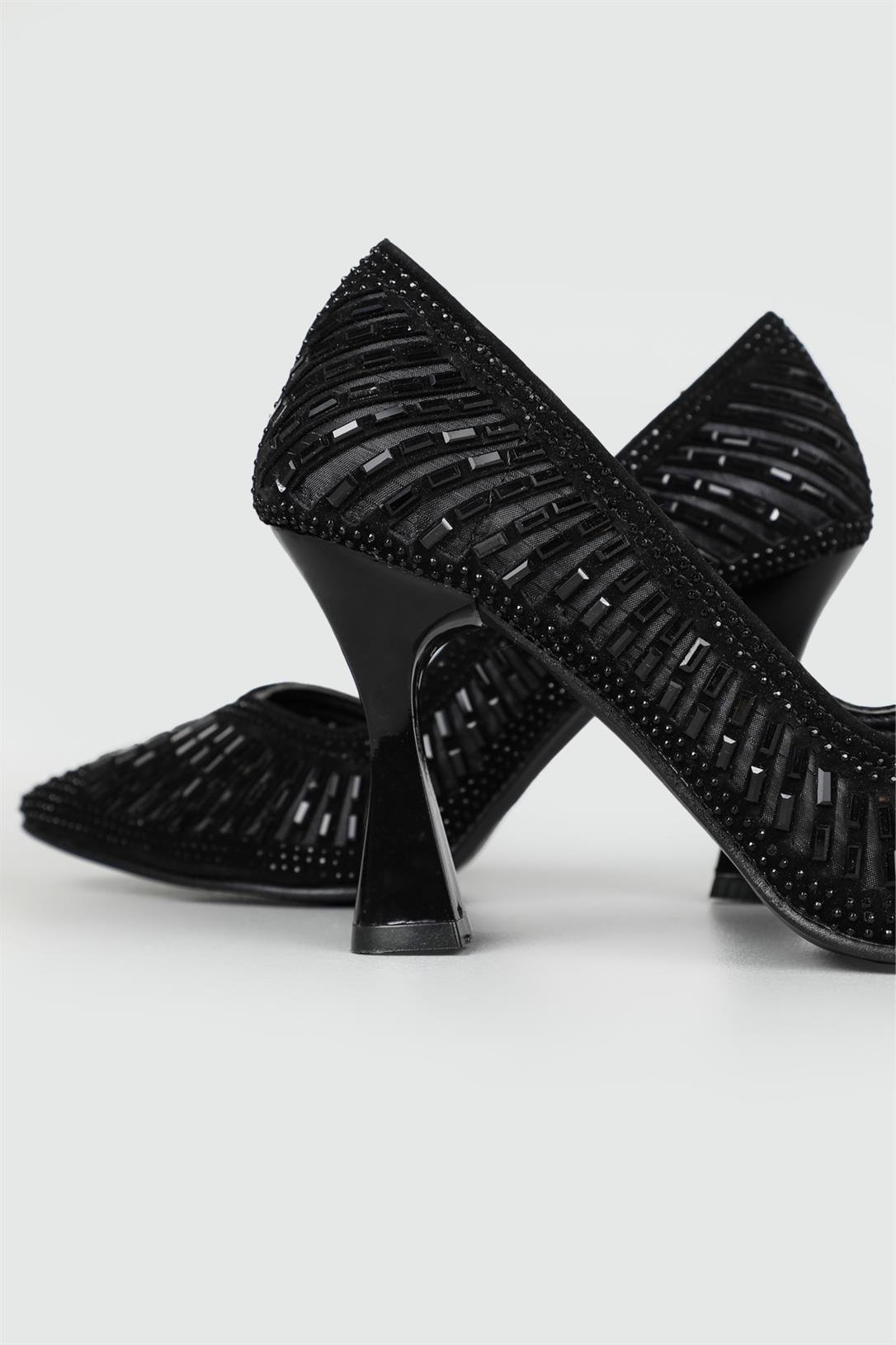 9 cm Taş Kaplamalı Tüllü Topuklu Stiletto Siyah Taşlı Kadın Ayakkabı SÇ-224 Kadın Stiletto Carla Bella My Bella SÇ-224 23Y