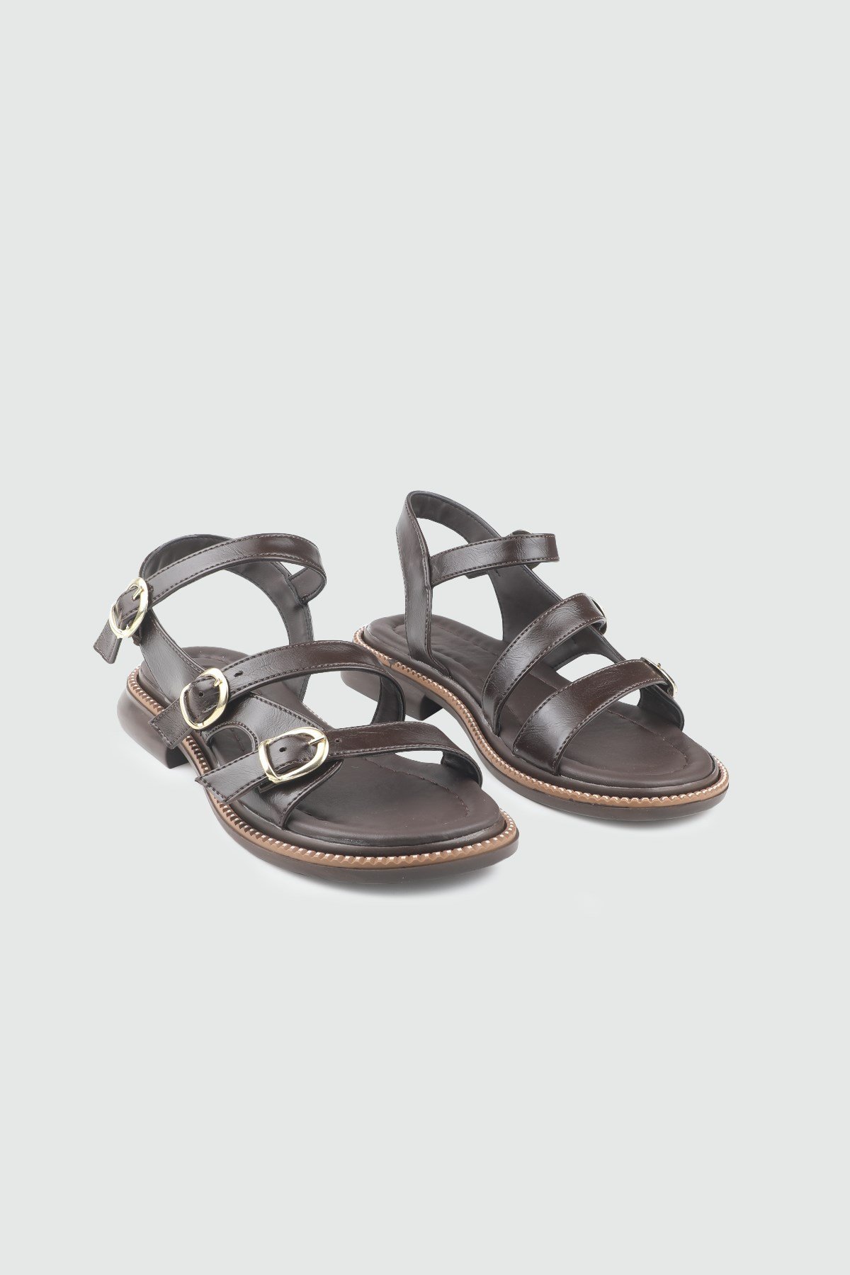 Çift Kemer Detaylı Kadın Sandalet Kahve Rustik Sandalet MY BELLA LZZ-630 Kadın düz Sandalet MY BELLA My Bella LZZ-630 Kadın 26Y