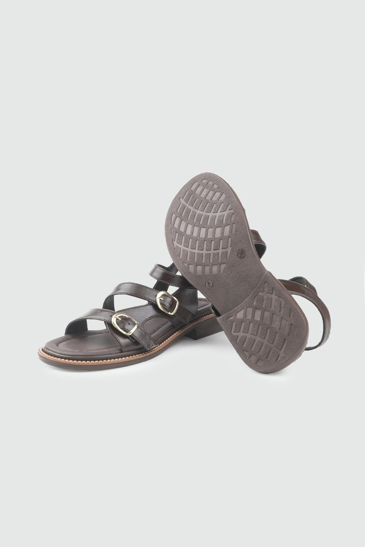 Çift Kemer Detaylı Kadın Sandalet Kahve Rustik Sandalet MY BELLA LZZ-630 Kadın düz Sandalet MY BELLA My Bella LZZ-630 Kadın 26Y