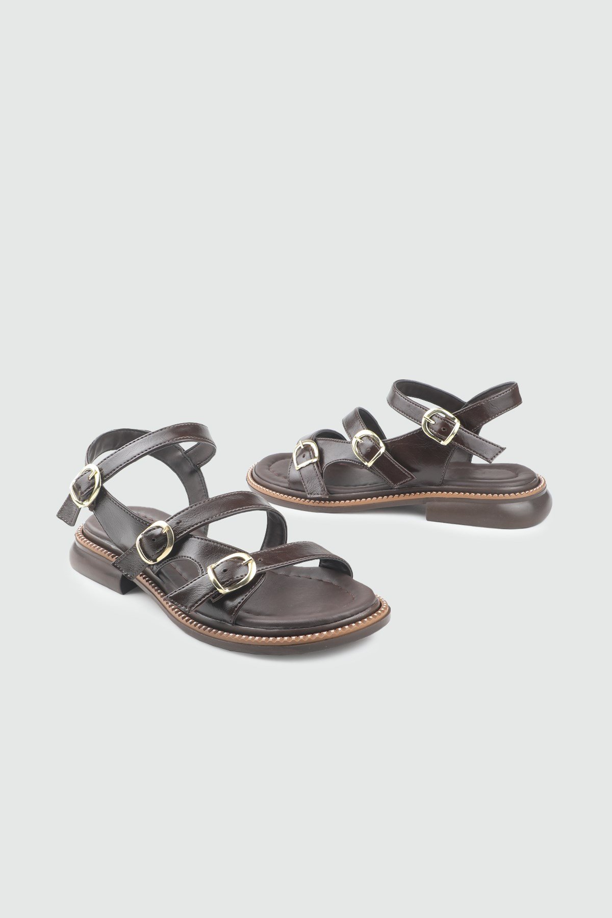 Çift Kemer Detaylı Kadın Sandalet Kahve Rustik Sandalet MY BELLA LZZ-630 Kadın düz Sandalet MY BELLA My Bella LZZ-630 Kadın 26Y