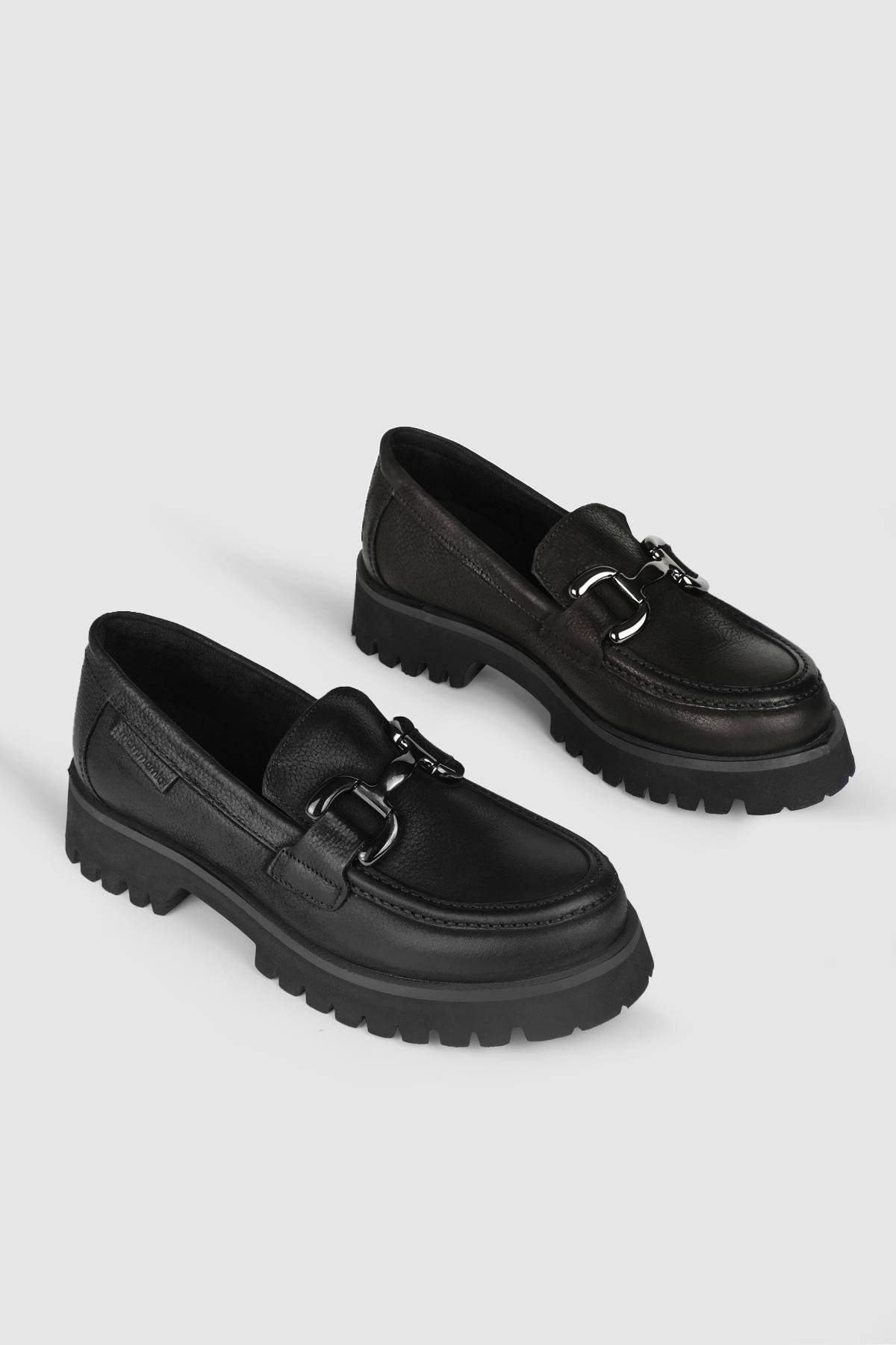 Deri Topuklu Ortopedik Siyah Nubuk Kadın Loafer 3175 Kadın Oxford (Günlük) Mammamia MAMMAMİA 3175 KADIN 24K