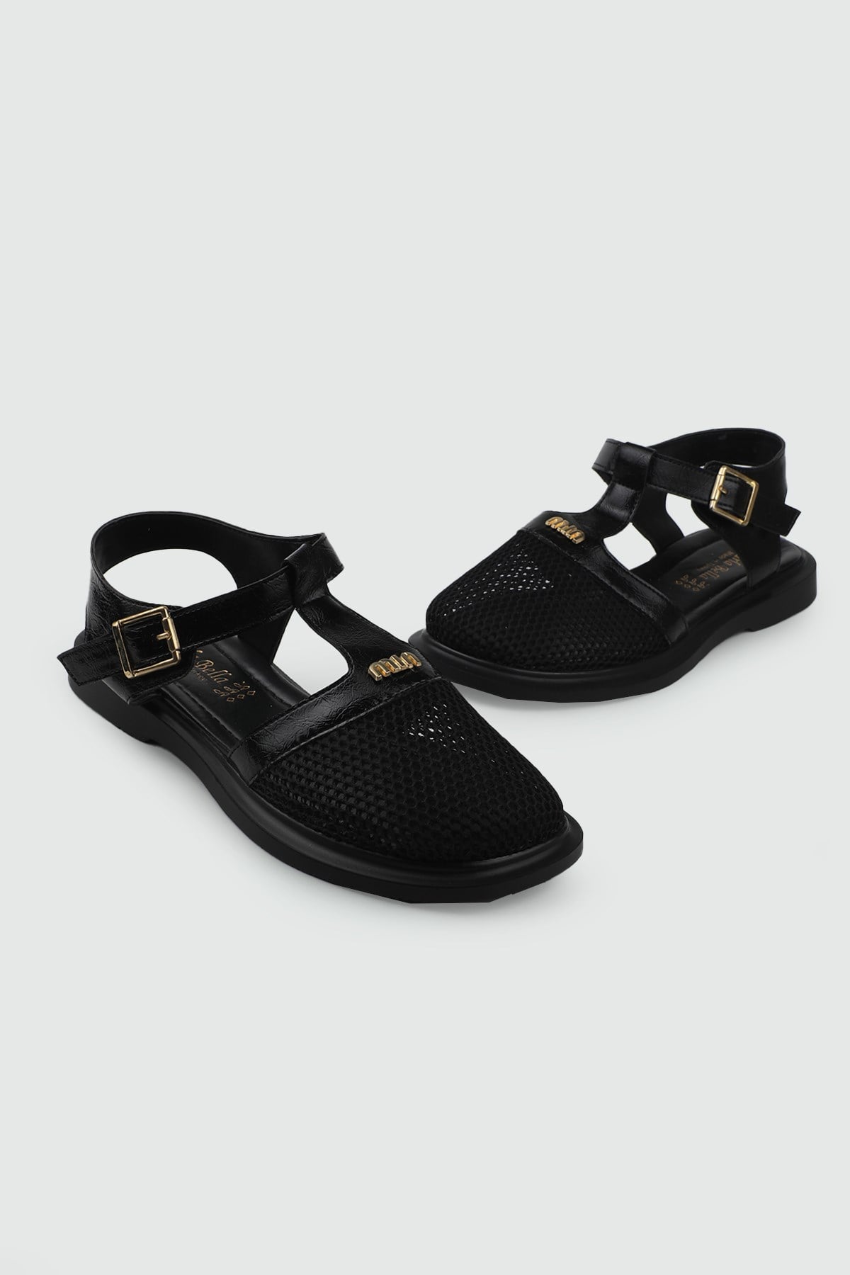 Fileli Toka Detaylı Sandalet Siyah Rustik Kadın Sandalet My Bella S-26520 Kadın Düz Sandalet MY BELLA My Bella S-26520 Kadın 26Y