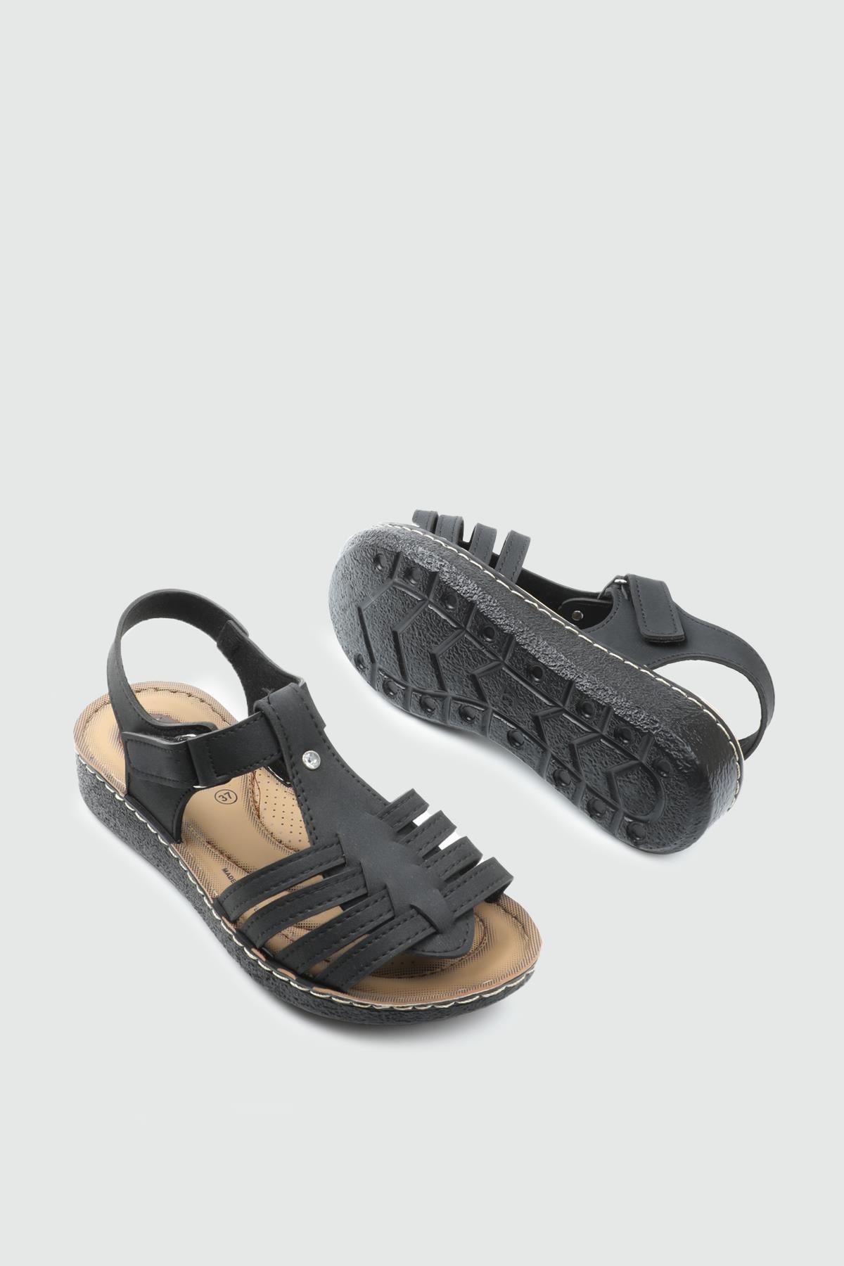 Günlük Cırt Cırtlı Siyah Kadın Sandalet 6402 Kadın Düz Sandalet Avox AVOX 25Y 6402 ZEN SANDALET