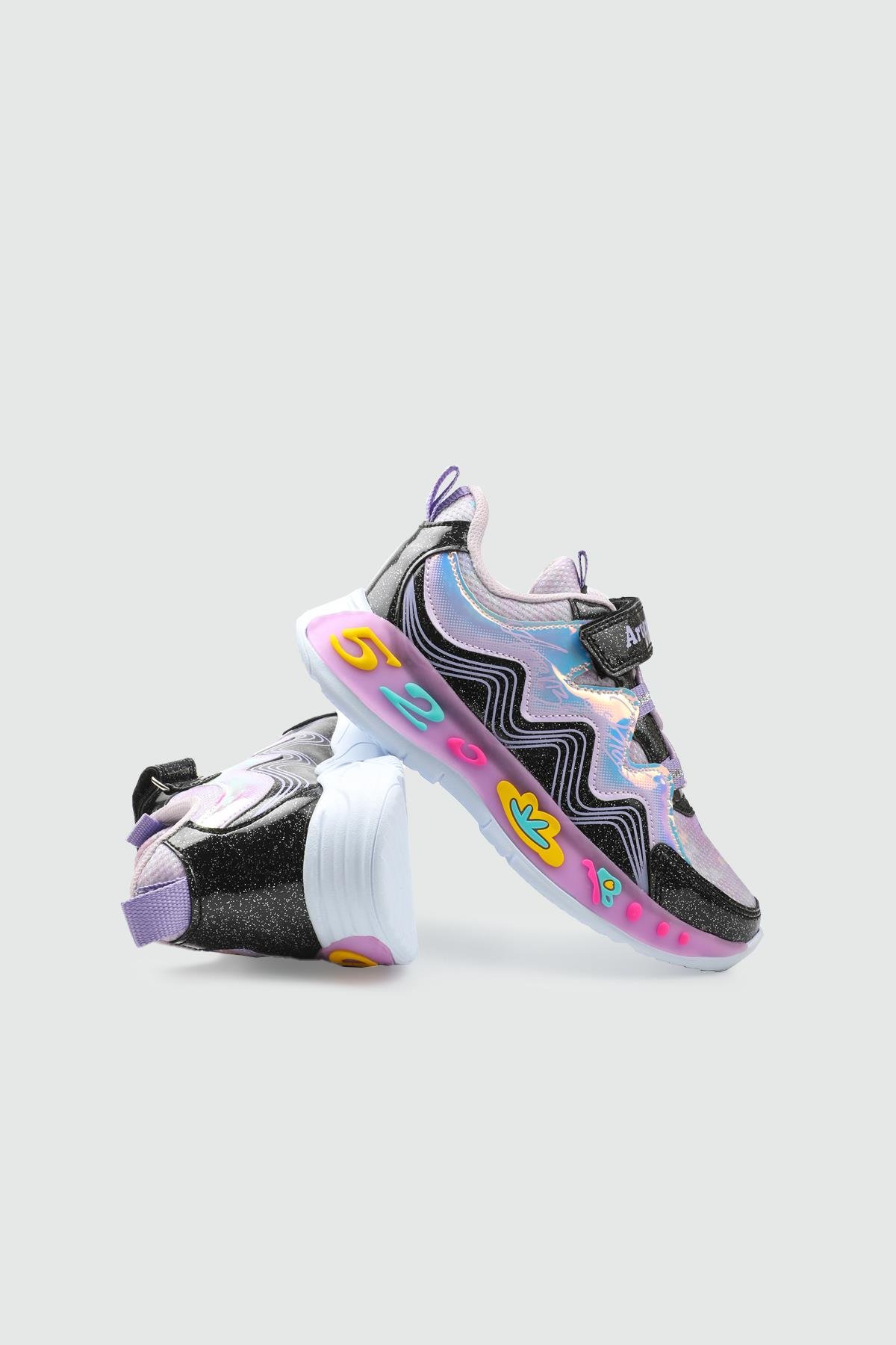 Günlük Rahat Cırtlı Bağcıklı Siyah Simli Çocuk Spor Ayakkabı ARVENZO-320 Çocuk Günlük Spor Ayakkabı Arvenzo ARVENZO 25Y-320 Filet