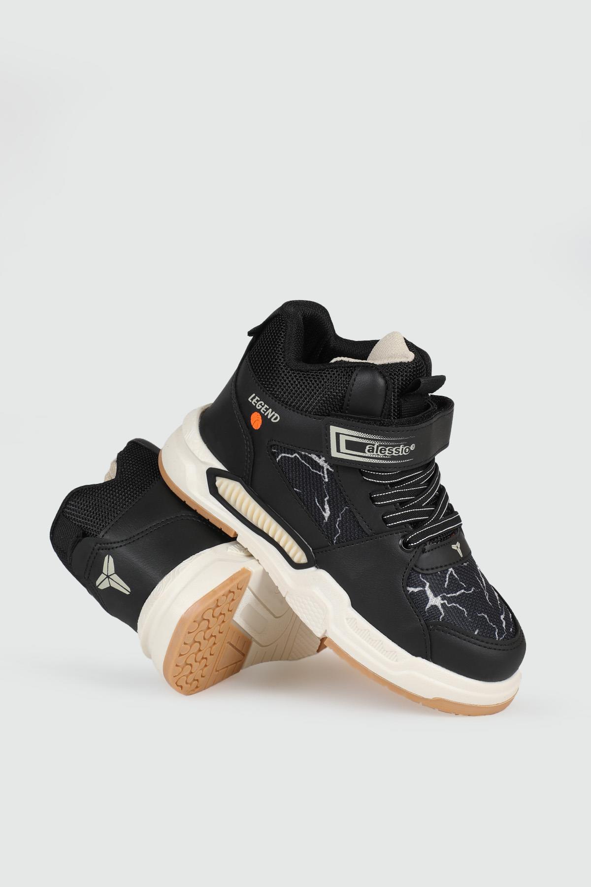 Hafi Rahat Taban Anoraklı Sneaker Siyah Bej Çocuk Spor Ayakkabı 042 Çocuk Günlük Spor Ayakkabı Alessio ALESSİO 042 FİLET 24K