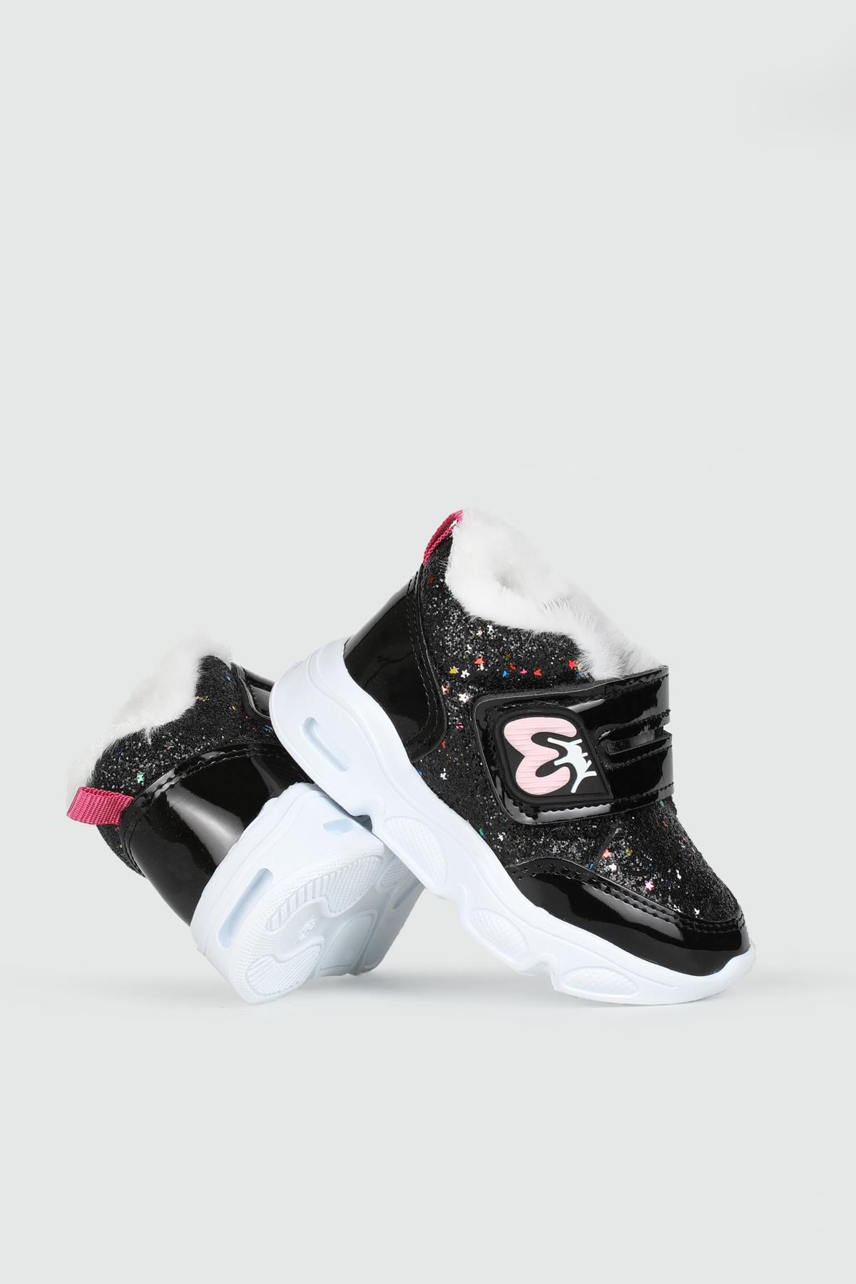 Işıklı Kürklü Cırtlı Kaymaz Taban Siyah Simli Çocuk Bot 7500 Çocuk bot & Çizme Poliva POLİVA 7500 BEBE 24K