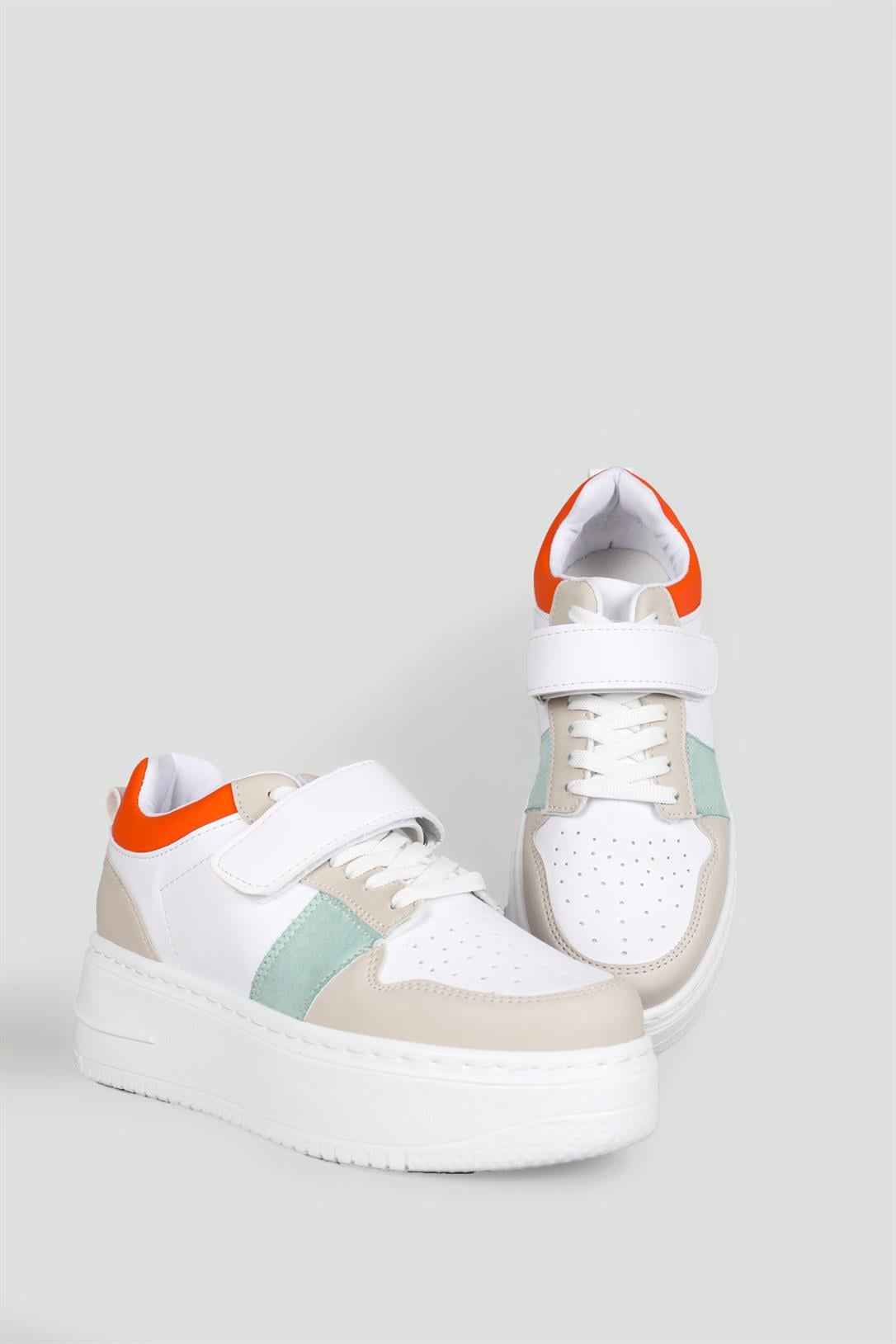 Kalın Taban Bağcıklı Cırtlı Beyaz Oranj Kadın Spor Ayakkabı Jenna Kadın Sneaker Beınsteps Beinsteps Ş-17-1 23Y