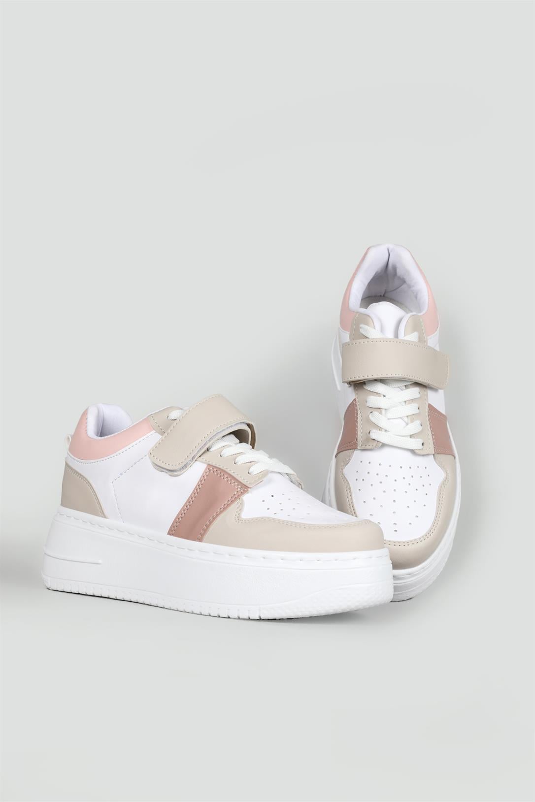 Kalın Taban Bağcıklı Cırtlı Beyaz Pembe Kadın Spor Ayakkabı Jenna Kadın Sneaker Beınsteps Beinsteps Ş-17-1 23Y