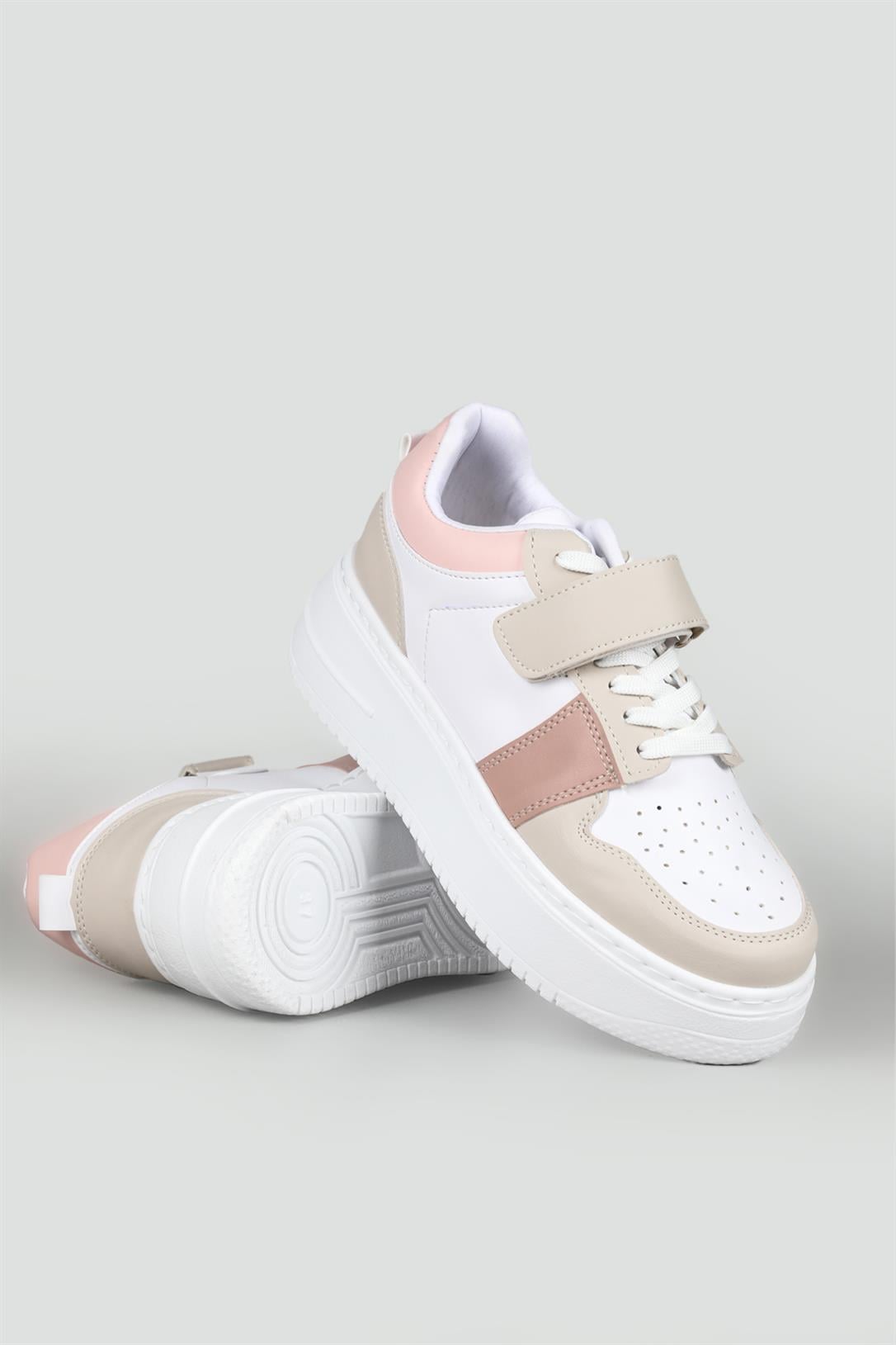 Kalın Taban Bağcıklı Cırtlı Beyaz Pembe Kadın Spor Ayakkabı Jenna Kadın Sneaker Beınsteps Beinsteps Ş-17-1 23Y