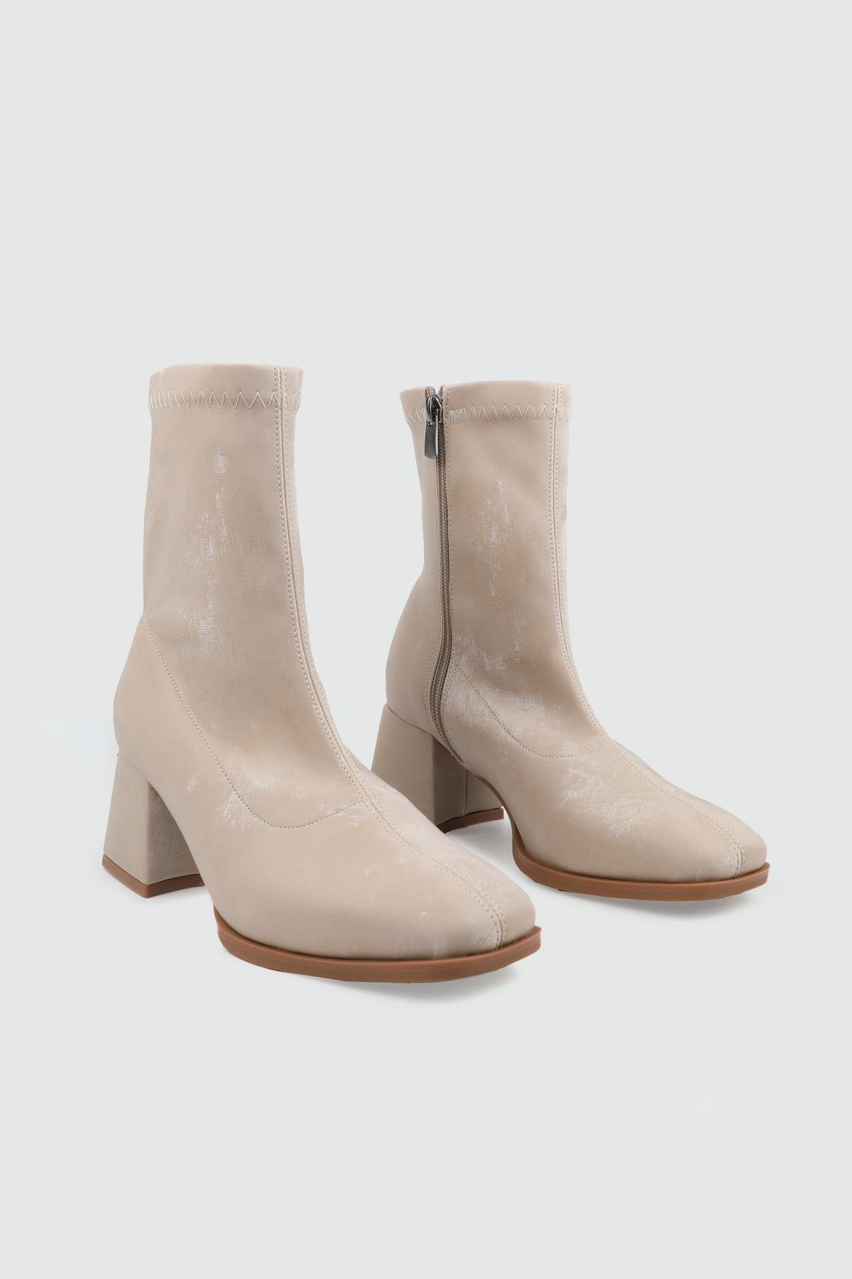 Kare Burun Yüksek Topuklu Bej Kot Fermuarlı Günlük Kadın Bot MY BELLA LPA-101 Kadın Günlük Conford Bot MyBella MY BELLA LPA-101 Kadın 25K