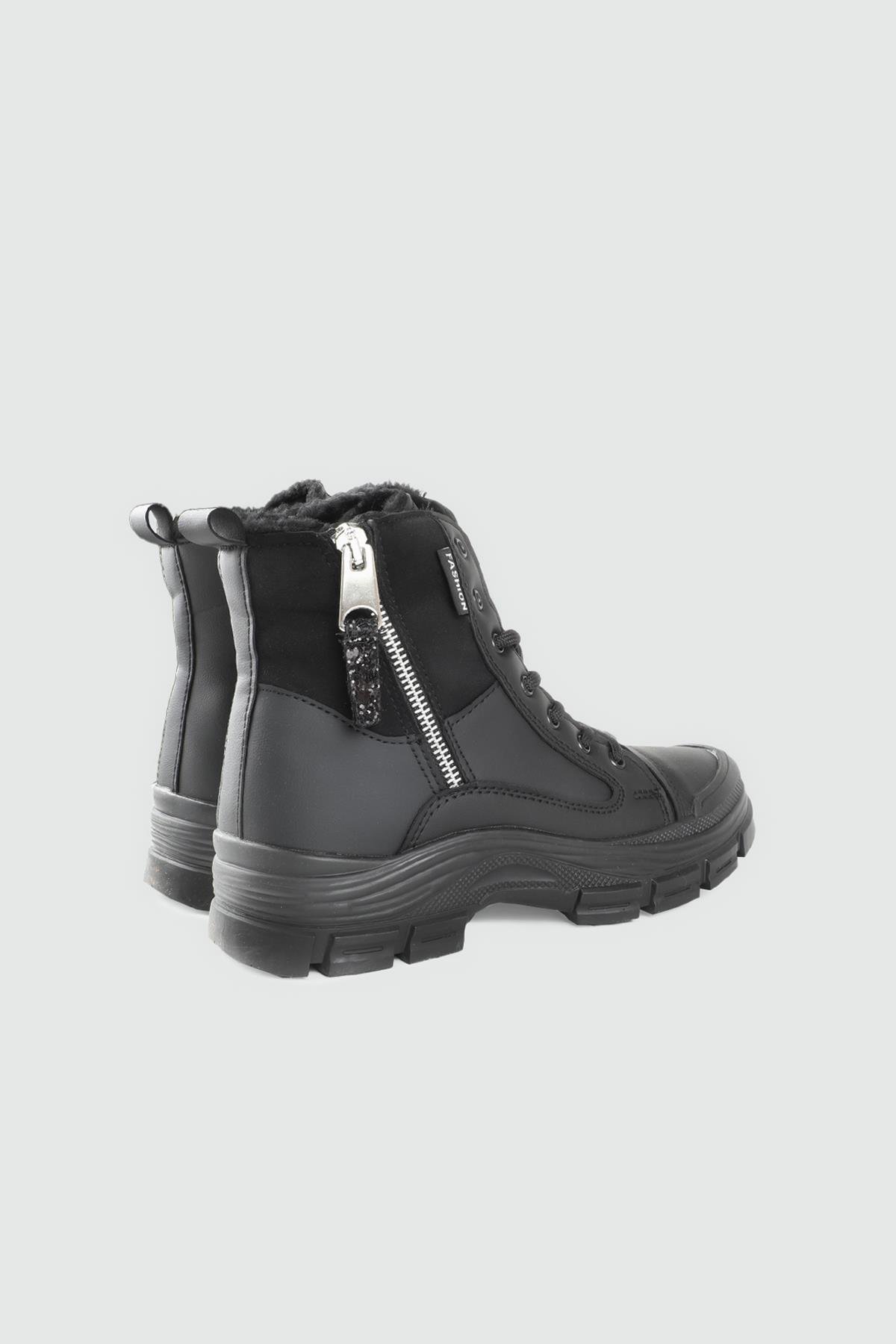 Kürklü Kışlık Kaymaz Taban Siyah Siyah Çift Fermuarlı Bağcıklı Kaydırmaz Kadın Bot 5428 Kadın Günlük Conford Bot Conpax CONPAX 5428 Kadın 25K