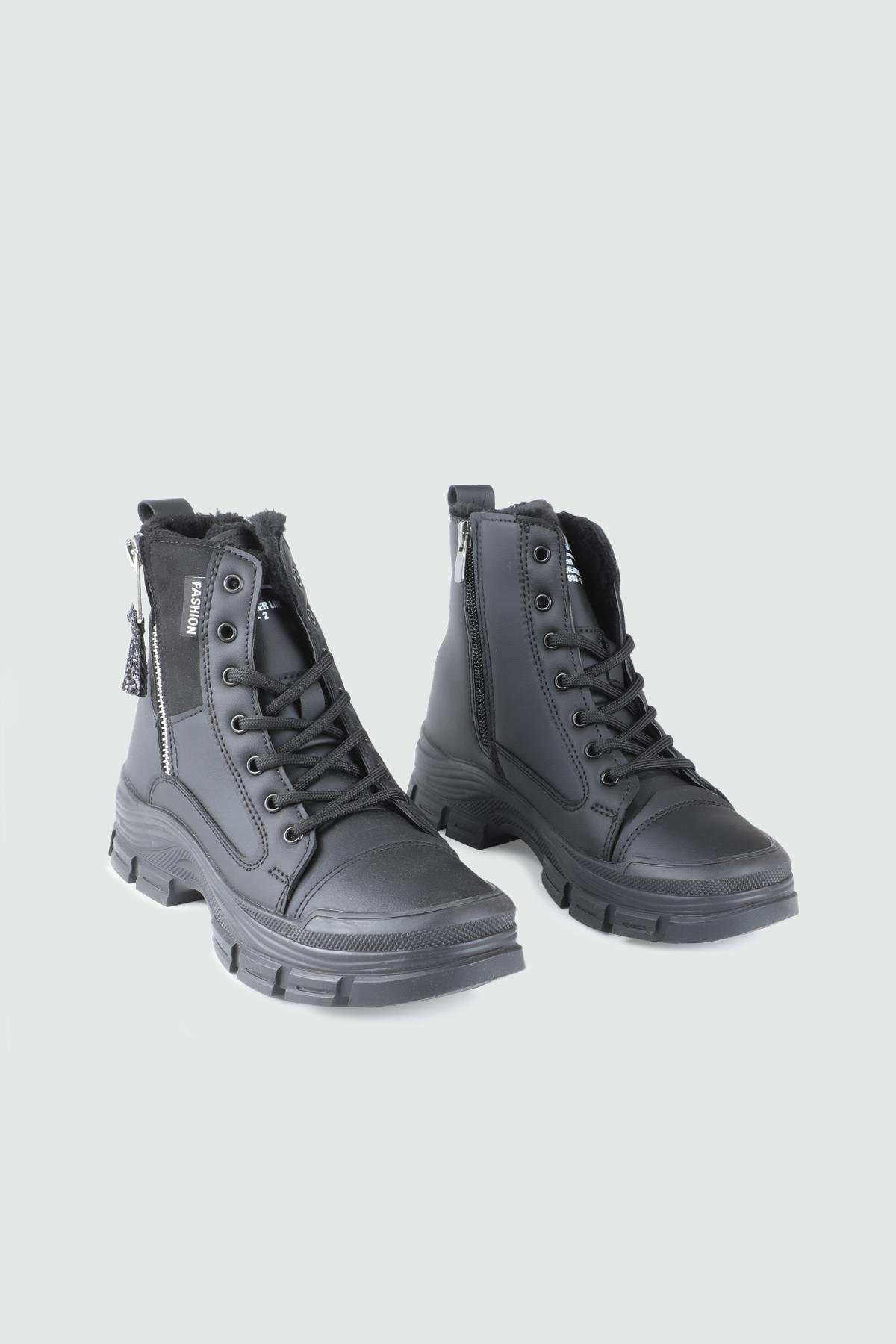 Kürklü Kışlık Kaymaz Taban Siyah Siyah Çift Fermuarlı Bağcıklı Kaydırmaz Kadın Bot 5428 Kadın Günlük Conford Bot Conpax CONPAX 5428 Kadın 25K