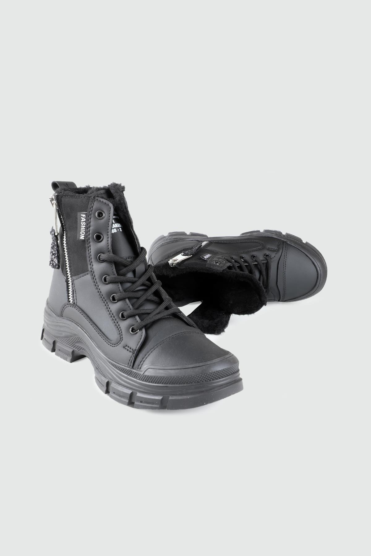 Kürklü Kışlık Kaymaz Taban Siyah Siyah Çift Fermuarlı Bağcıklı Kaydırmaz Kadın Bot 5428 Kadın Günlük Conford Bot Conpax CONPAX 5428 Kadın 25K