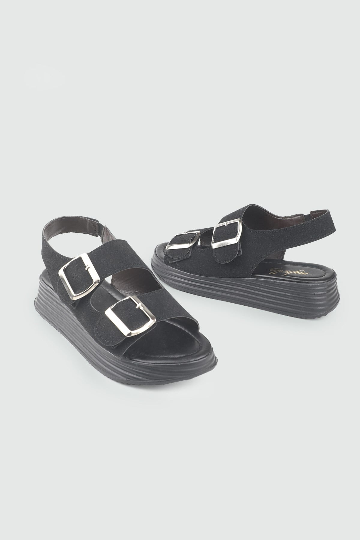 Likralı Sandalet Siyah Süet Sandalet S-24200 Kadın düz Sandalet MyBella My Bella S-2026 Kadın 26Y