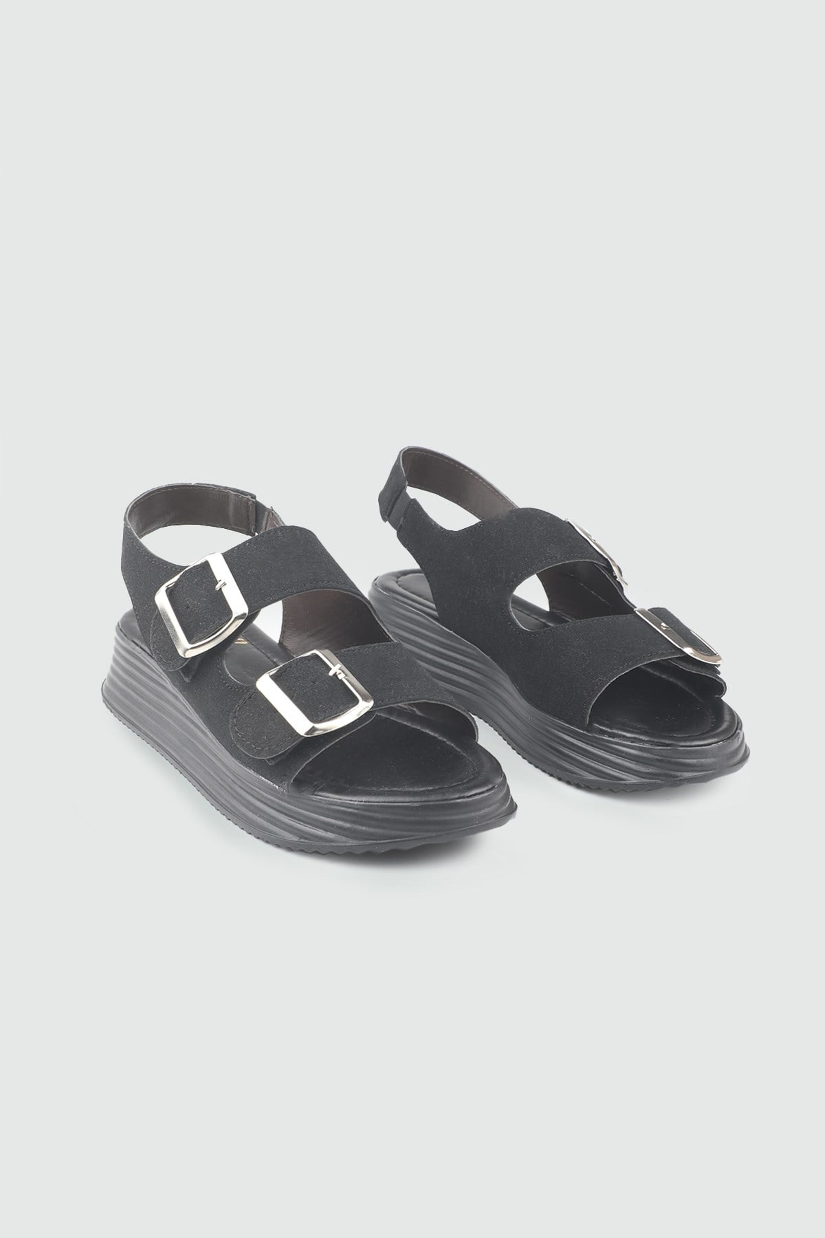 Likralı Sandalet Siyah Süet Sandalet S-24200 Kadın düz Sandalet MyBella My Bella S-2026 Kadın 26Y