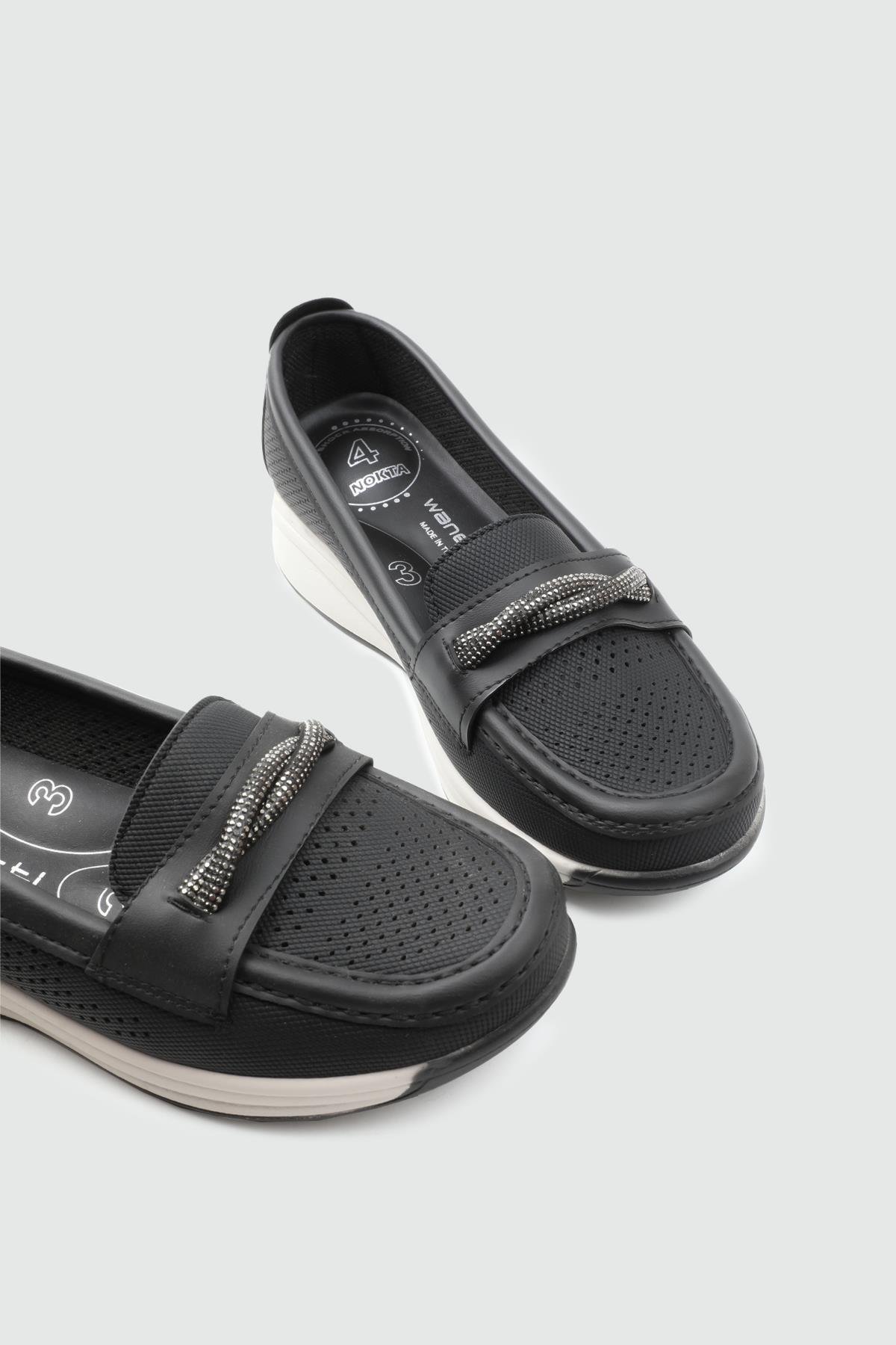 Ortapedik Taban Günlük Rahat Siyah Kot Zımbalı Kadın Ayakkabı WANETTİ 25-267 Kadın Günlük Ayakkabı Wanetti Wanetti 25-265 Poli Kadın