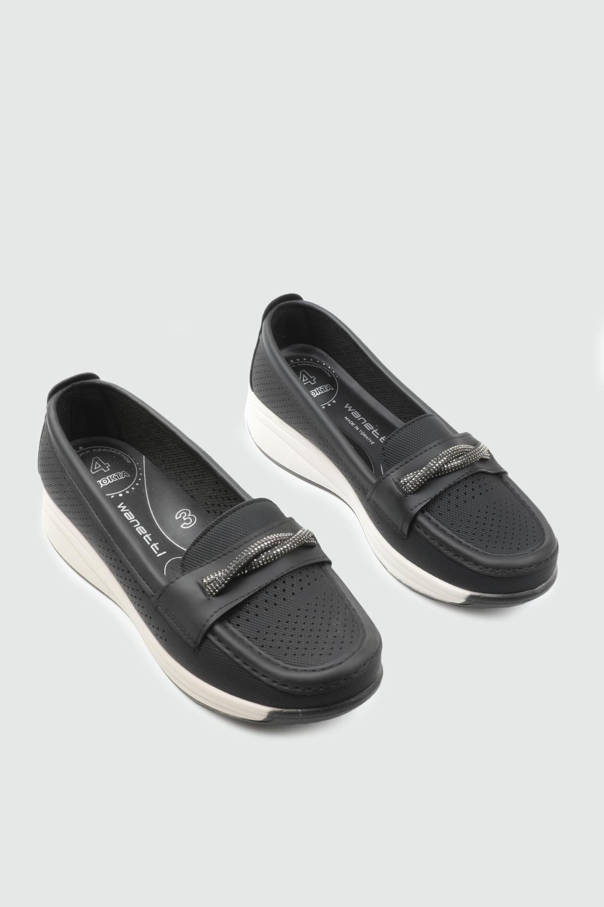Ortapedik Taban Günlük Rahat Siyah Kot Zımbalı Kadın Ayakkabı WANETTİ 25-267 Kadın Günlük Ayakkabı Wanetti Wanetti 25-265 Poli Kadın