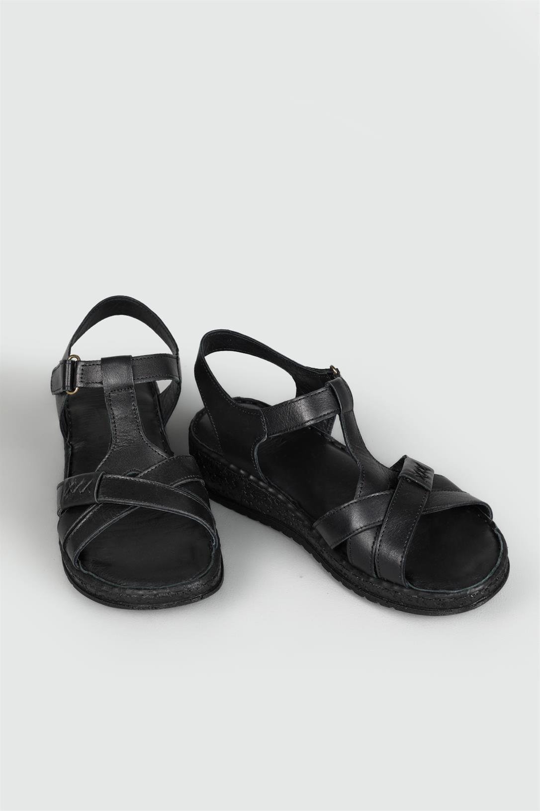 Ortopedik Taban Rahat Cırtlı Siyah Kadın Sandalet 23-D011 Kadın Düz Sandalet Carla Bella My Bella 23-D011 Deri Sandalet